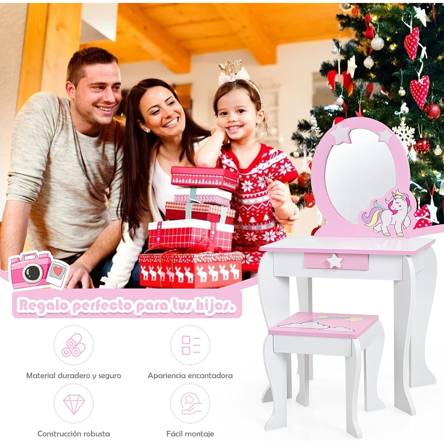 Kinderschminktisch mit Hocker und Spiegel, Costway Schminktisch 49 x 34 x 90 cm