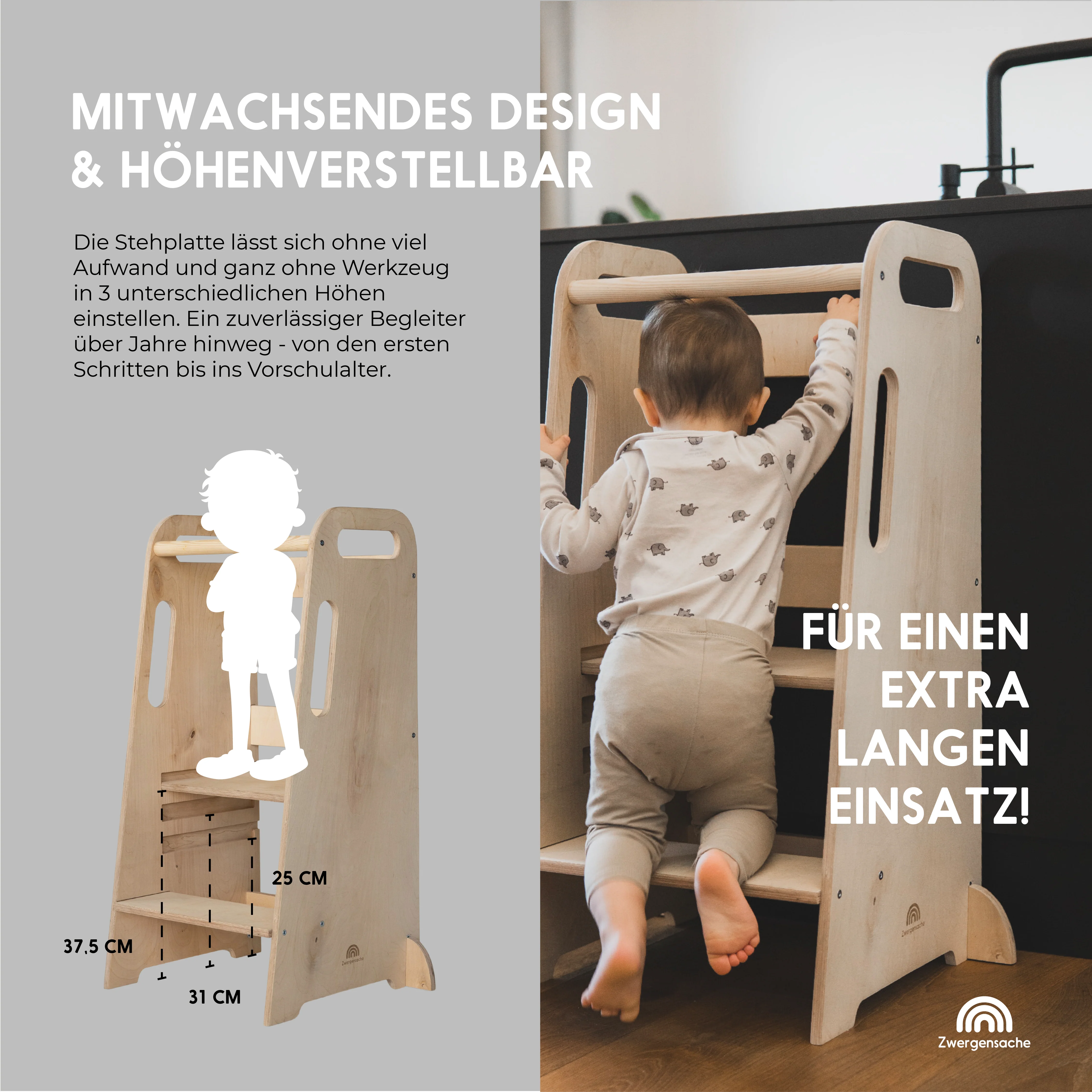 Tour d'apprentissage en bois 2025. Hauteur réglable. Robuste et sécuritaire. À partir de 12 mois.