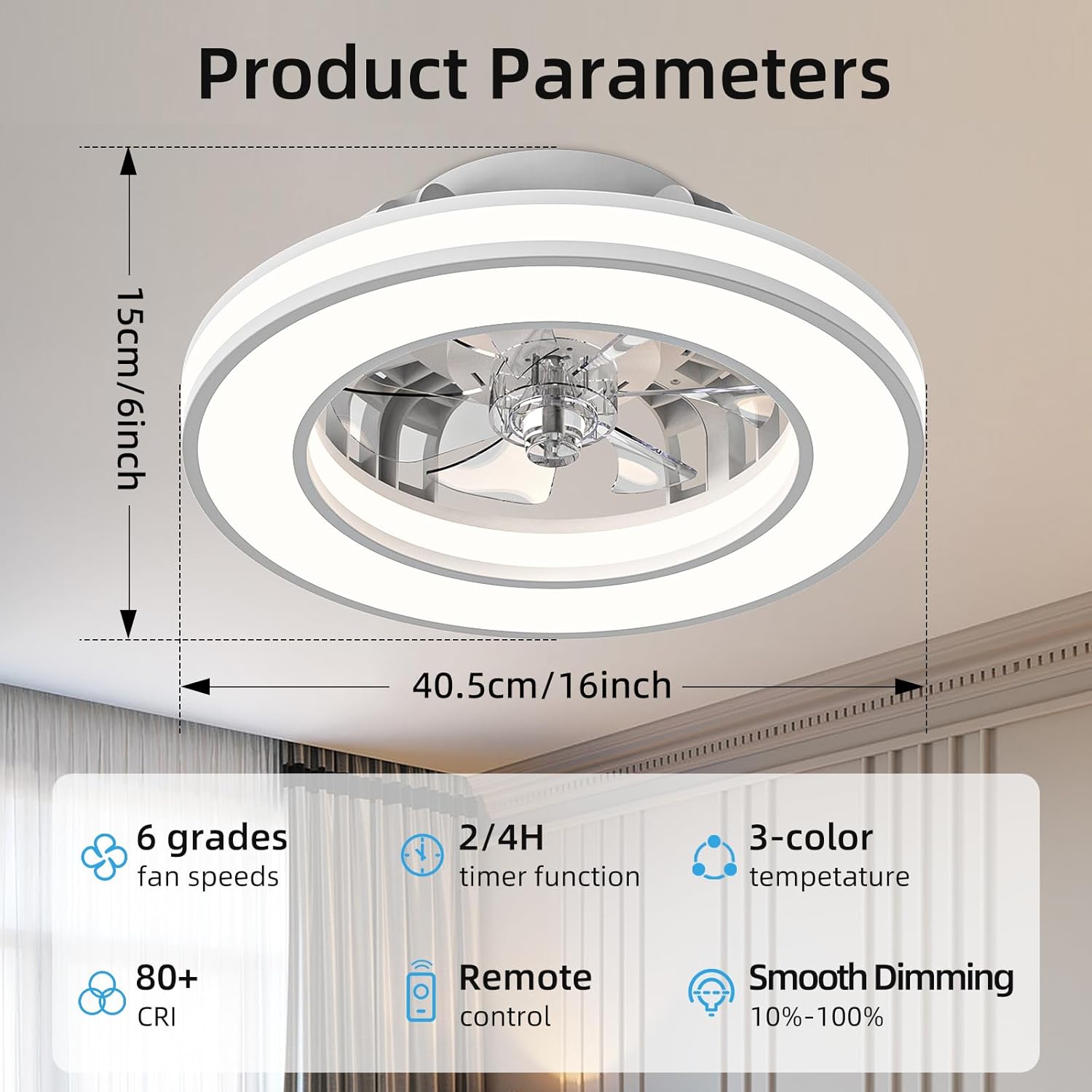 Ventilateur de plafond avec lumière 40,5 cm, silencieux 20 W, intensité variable 3000 K-4000 K-6500 K, 6 vitesses, télécommande, minuterie, mémoire de lumière, réversible
