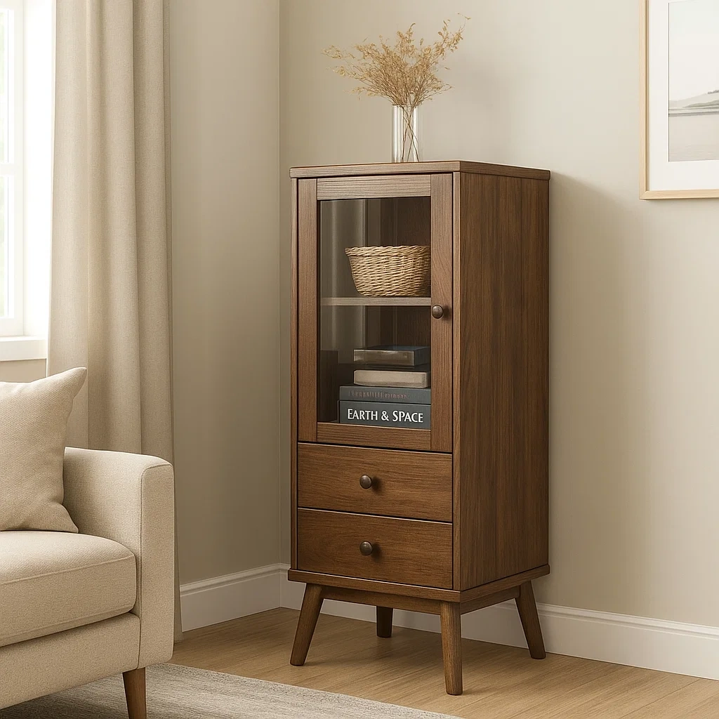 Vitrine avec porte vitrée et 2 tiroirs, panneau MDF, couleur noyer foncé, autoportante, pour salon ou salle à manger, 60 x 35 x 135 cm - tyBcLC2LD851