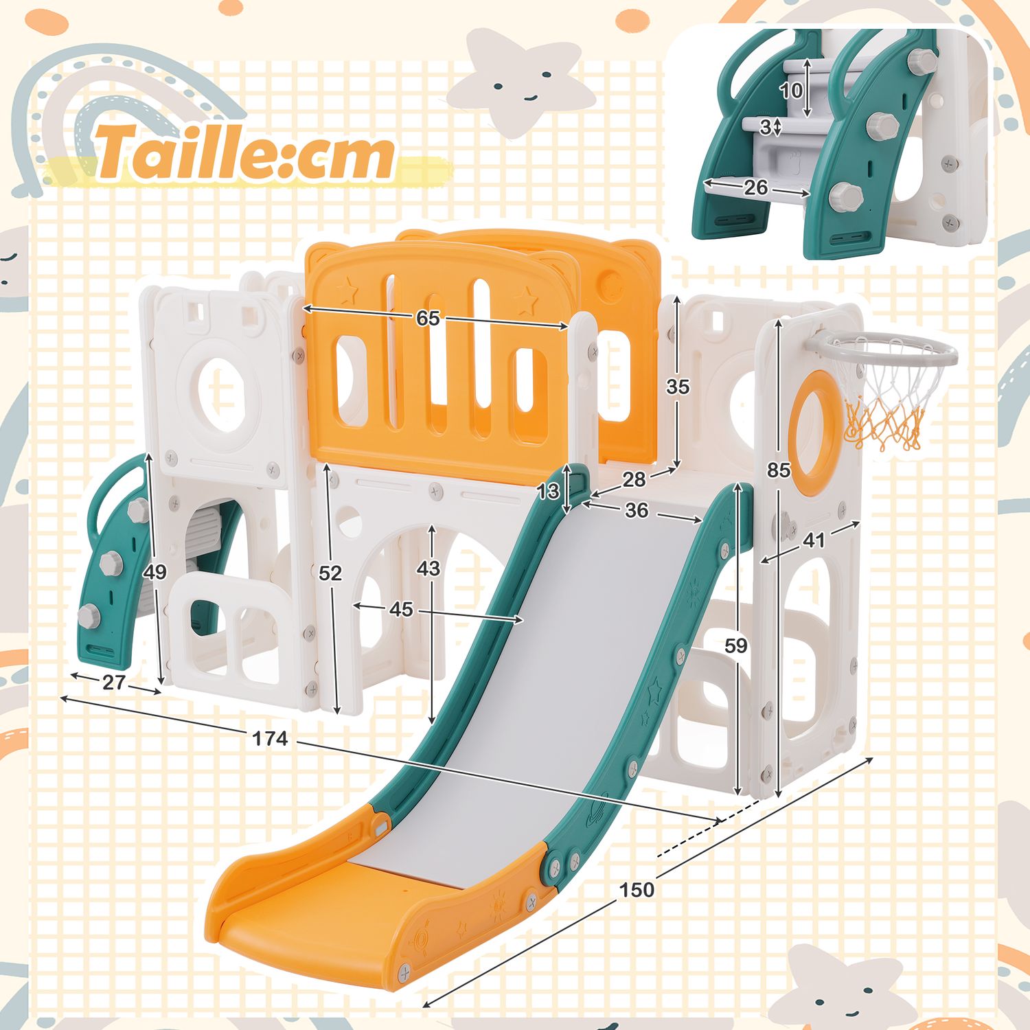 6-i-1 børnerutsjebane - Inkluderer rutsjebane, basketballkurv, stige, tunnel og to legeområder - Grøn