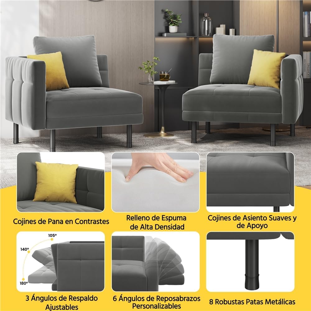 Yaheetech 2-personers fløjlssovesofa, konvertibel sofa 171x80x72cm med 4 puder, sofa med justerbare armlæn og ryglæn til stue, soveværelse og arbejdsværelse, grå