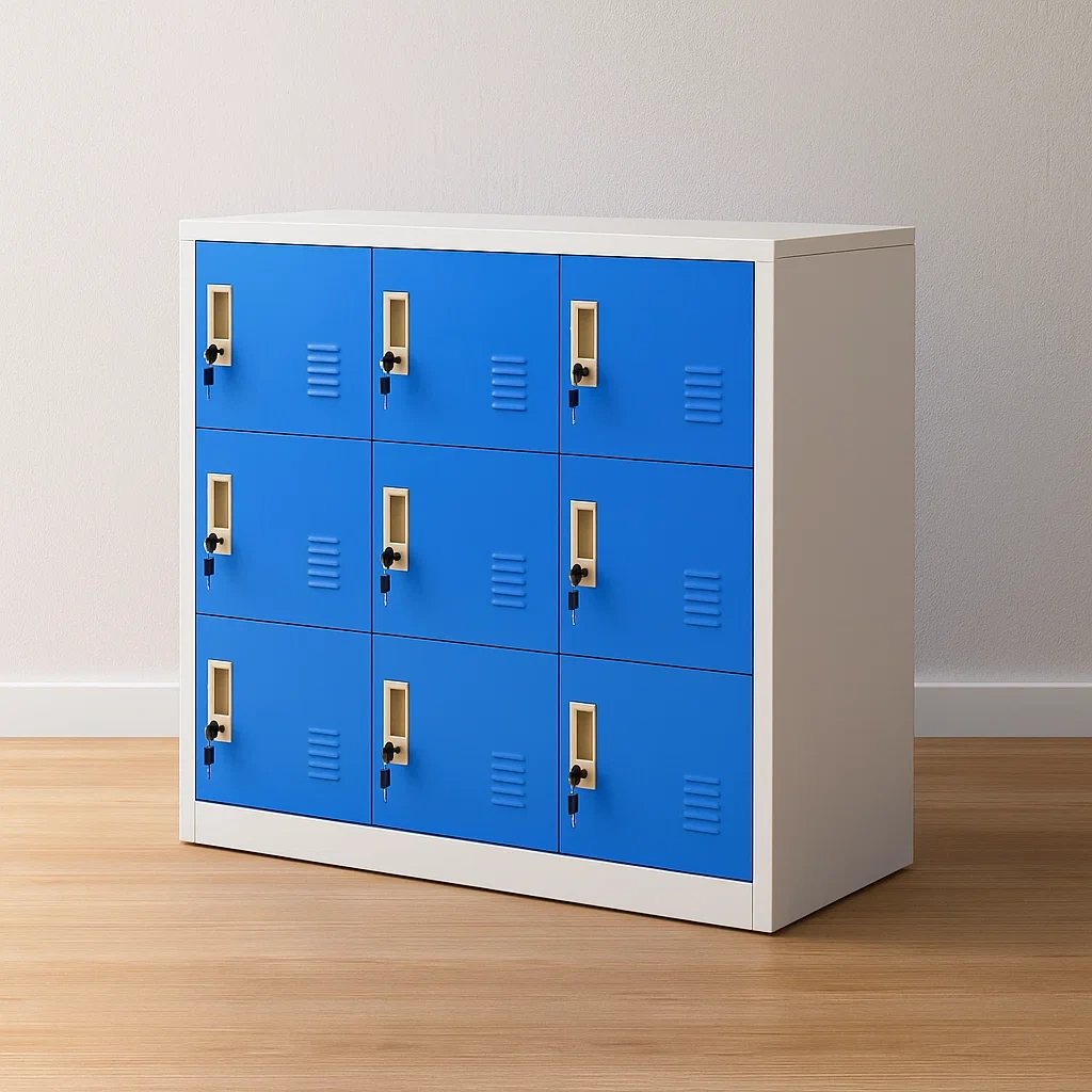 Casier de bureau à 9 compartiments, bleu et gris acier, pour usage scolaire et professionnel, 90 × 45 × 92,5 cm - UxxD7heBeX1N