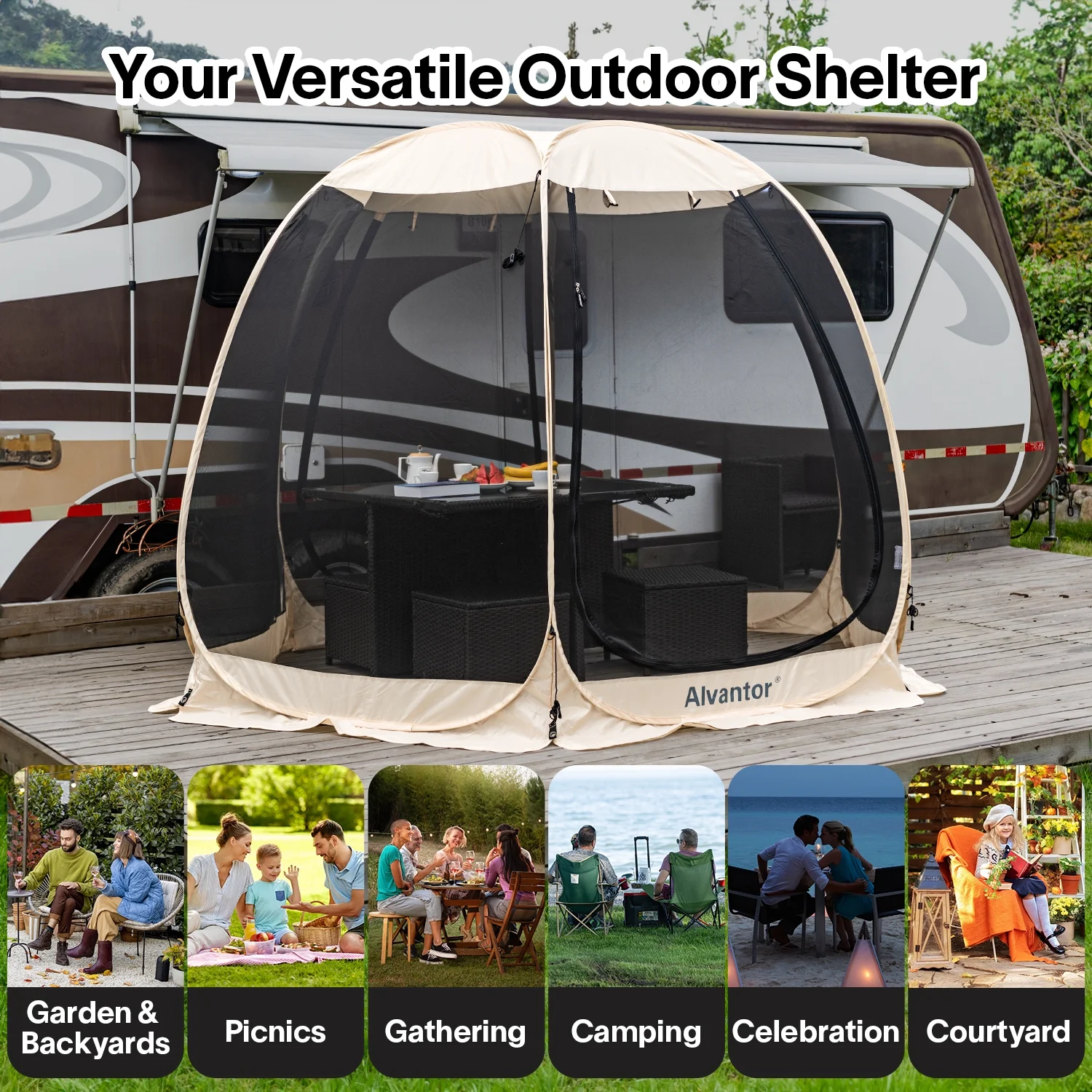 10 x 10 myggenet til udendørs familietelt - Udtrækkelig pavillon med markise til have eller restaurant