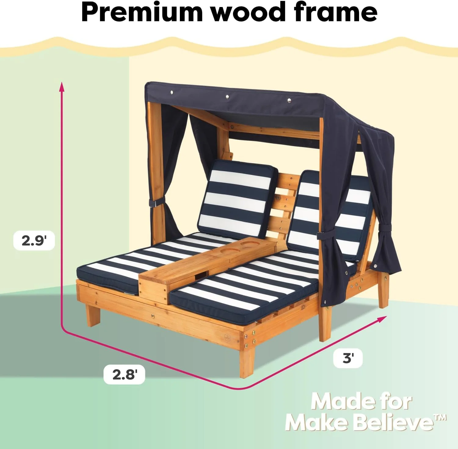 KidKraft dobbelt liggestol i træ til børn med kopholdere. Havemøbler til børn. Honningfarvet med marineblåt og hvidt stribet stof. Gave til børn i alderen 3-8 år.