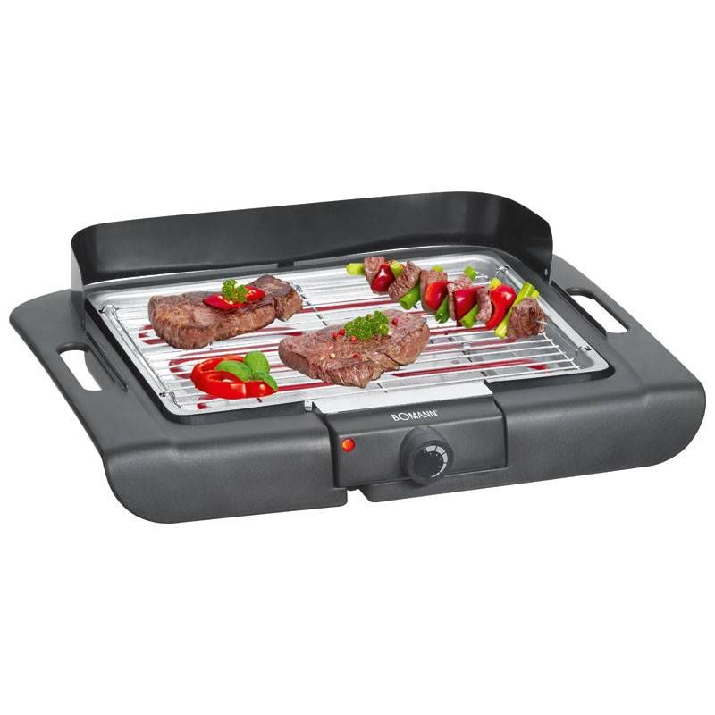 Elektrogrill, verchromter Grillrost 36 x 25 cm, Thermostat, winddichte Front, Fettauffangschale, Schwarz, 2000 W Bomann Bq 2243 Cb