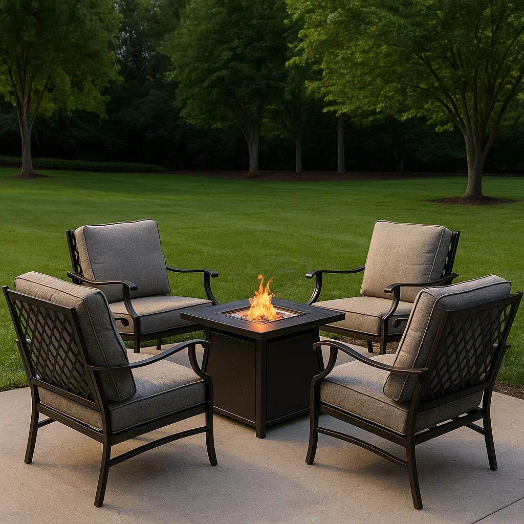 Ensemble de patio avec foyer, ensemble 5 pièces comprenant 4 fauteuils et une table avec foyer, gris, acier et tissu, extérieur