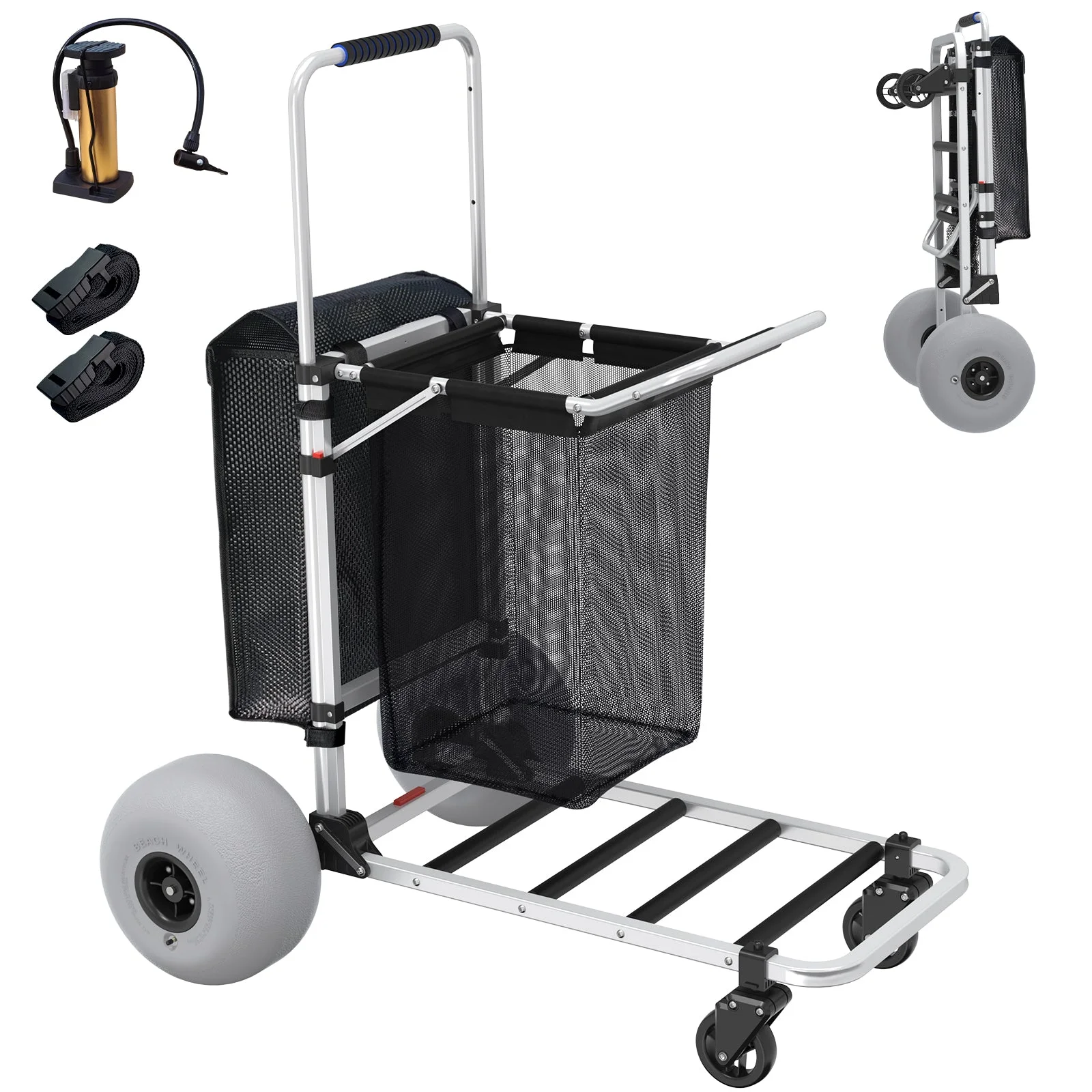 Chariot de plage pliable GDLF avec poignée réglable et roues ballons de 30 cm. Cadre robuste en aluminium - Charge maximale : 100 kg