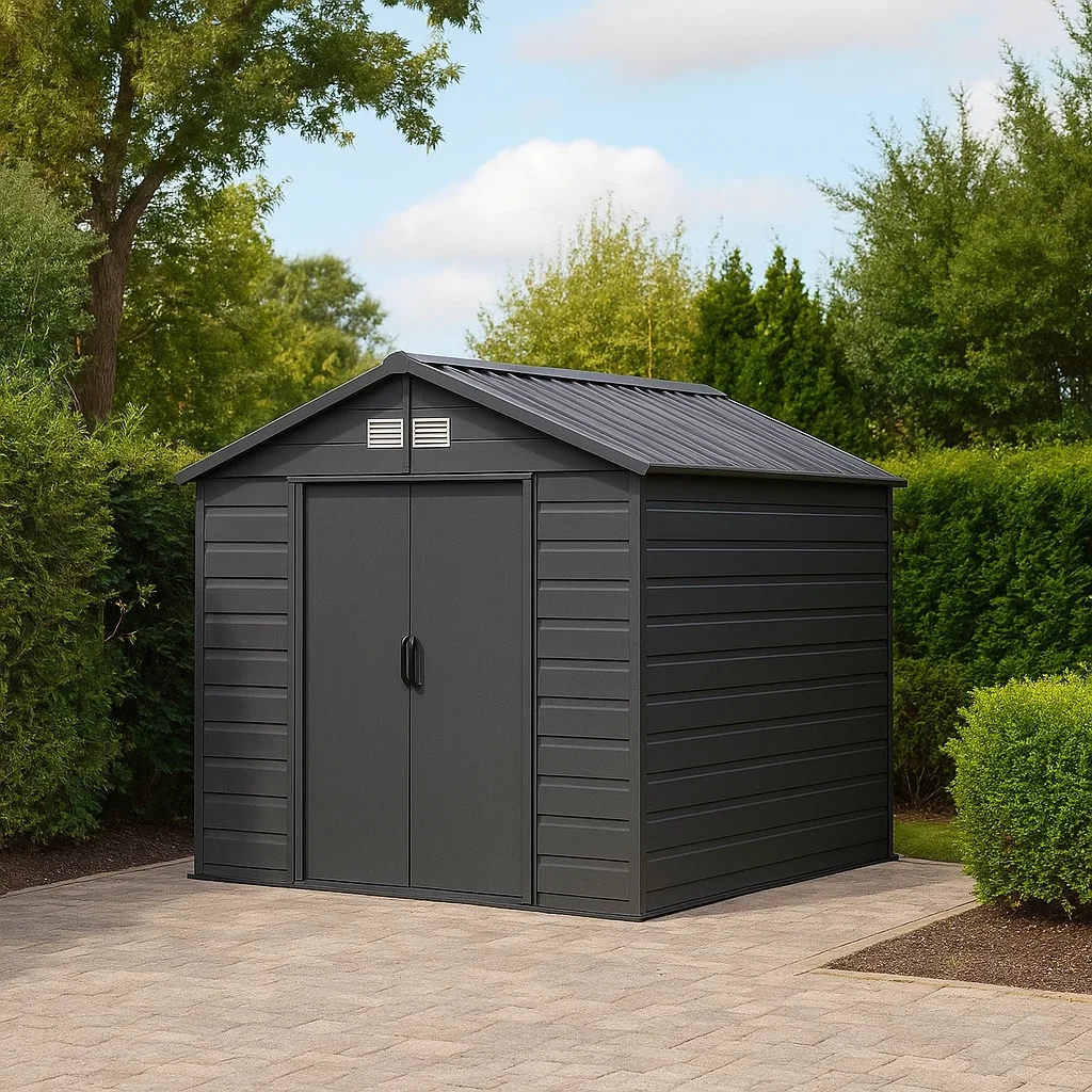 Abri de jardin rectangulaire en métal gris, toit à deux pans, autoportant, 200 x 250 x 230 cm - z0tLiSkC8fv2