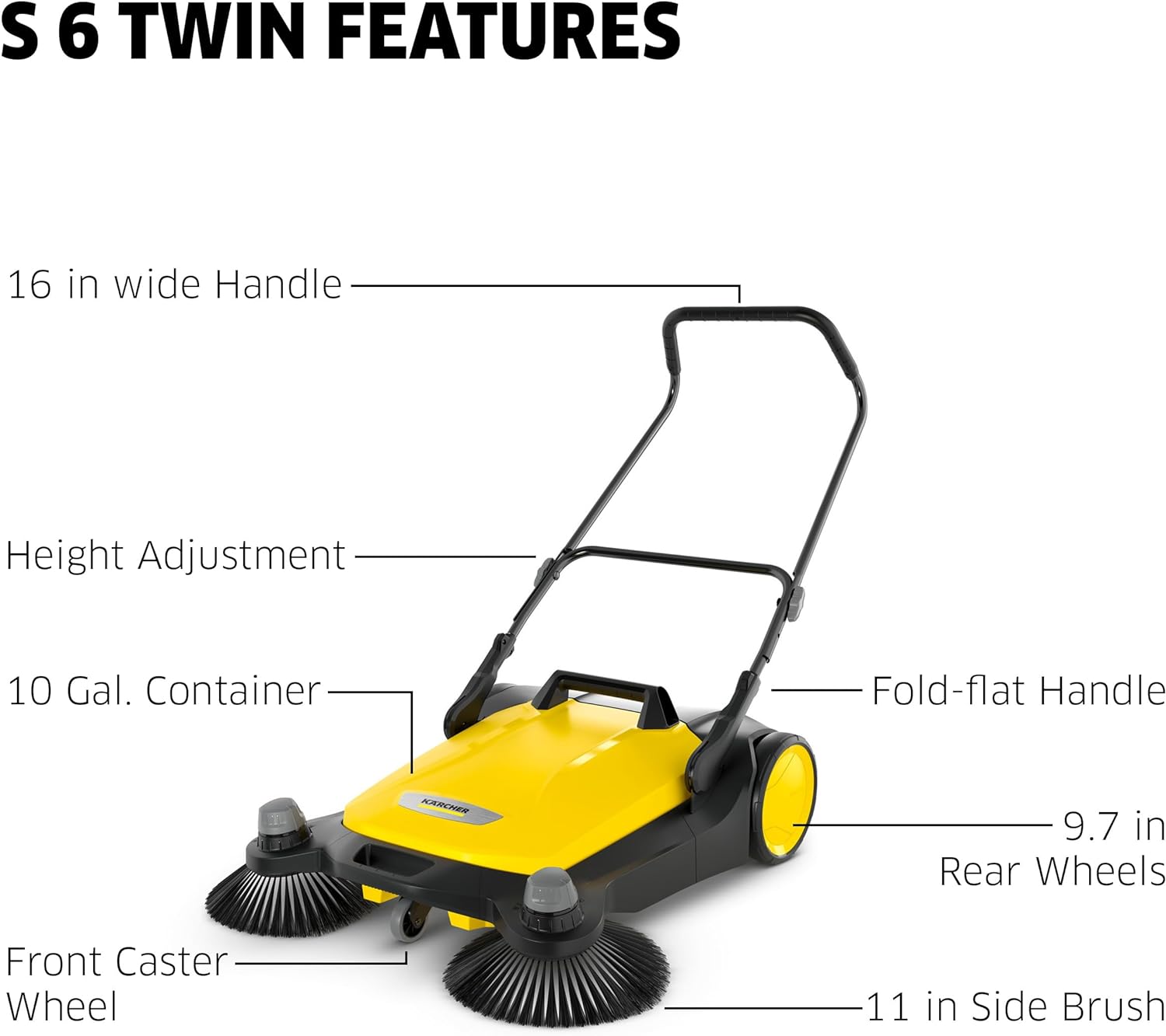 2025 S 6 Twin udendørs manuel fejemaskine – 10 gallon kapacitet – 33,9″ fejebredde – Fejer op til 32.300 kvadratfod i timen