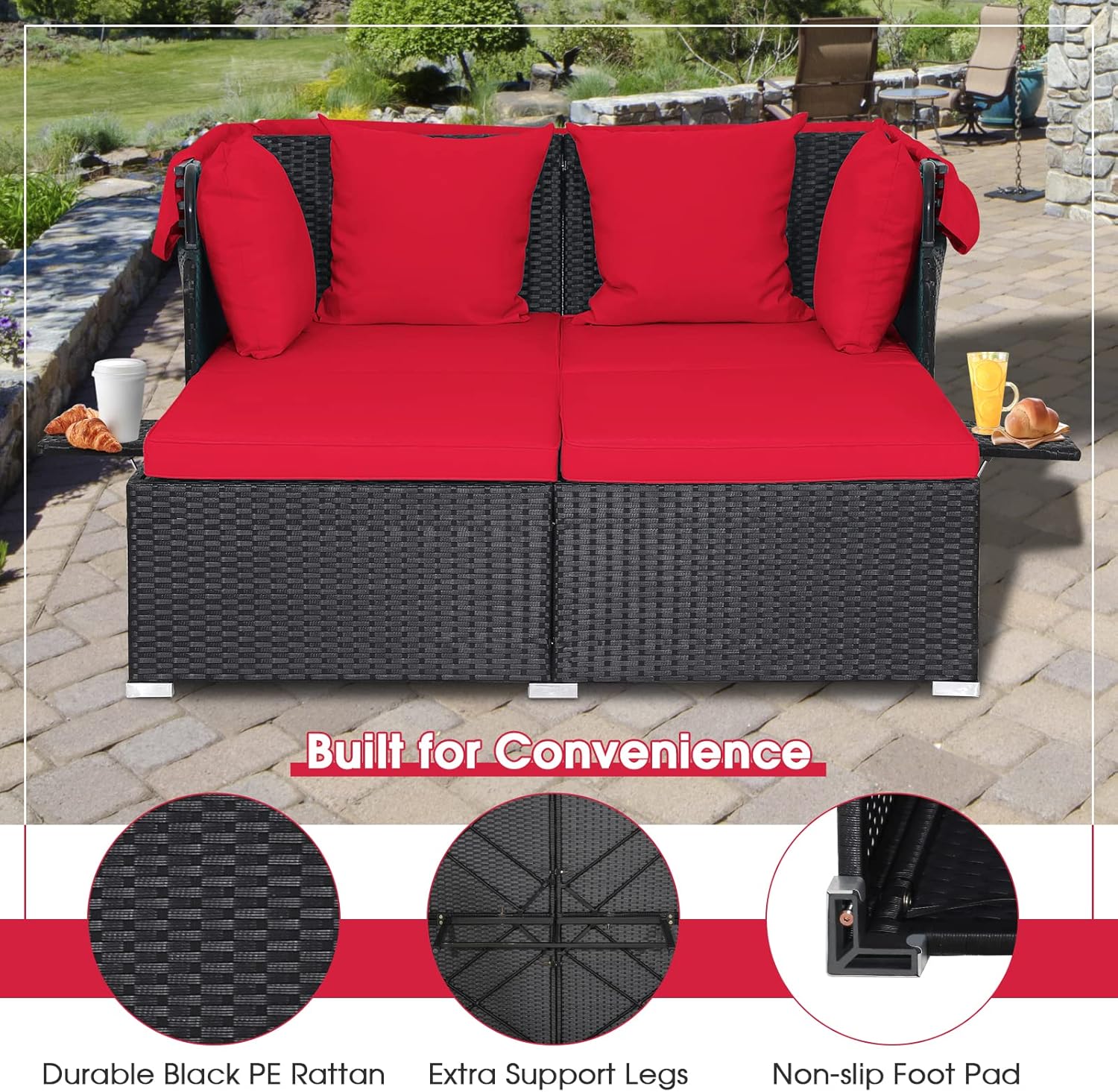 RELAX4LIFE udendørs haveseng med baldakin. Vævet harpiks liggestol med hynder. 4 puder og 2 udtrækkelige sidebakker. Loungeseng til 2 personer til pool, veranda, have. Rattan udendørs seng (turkis)