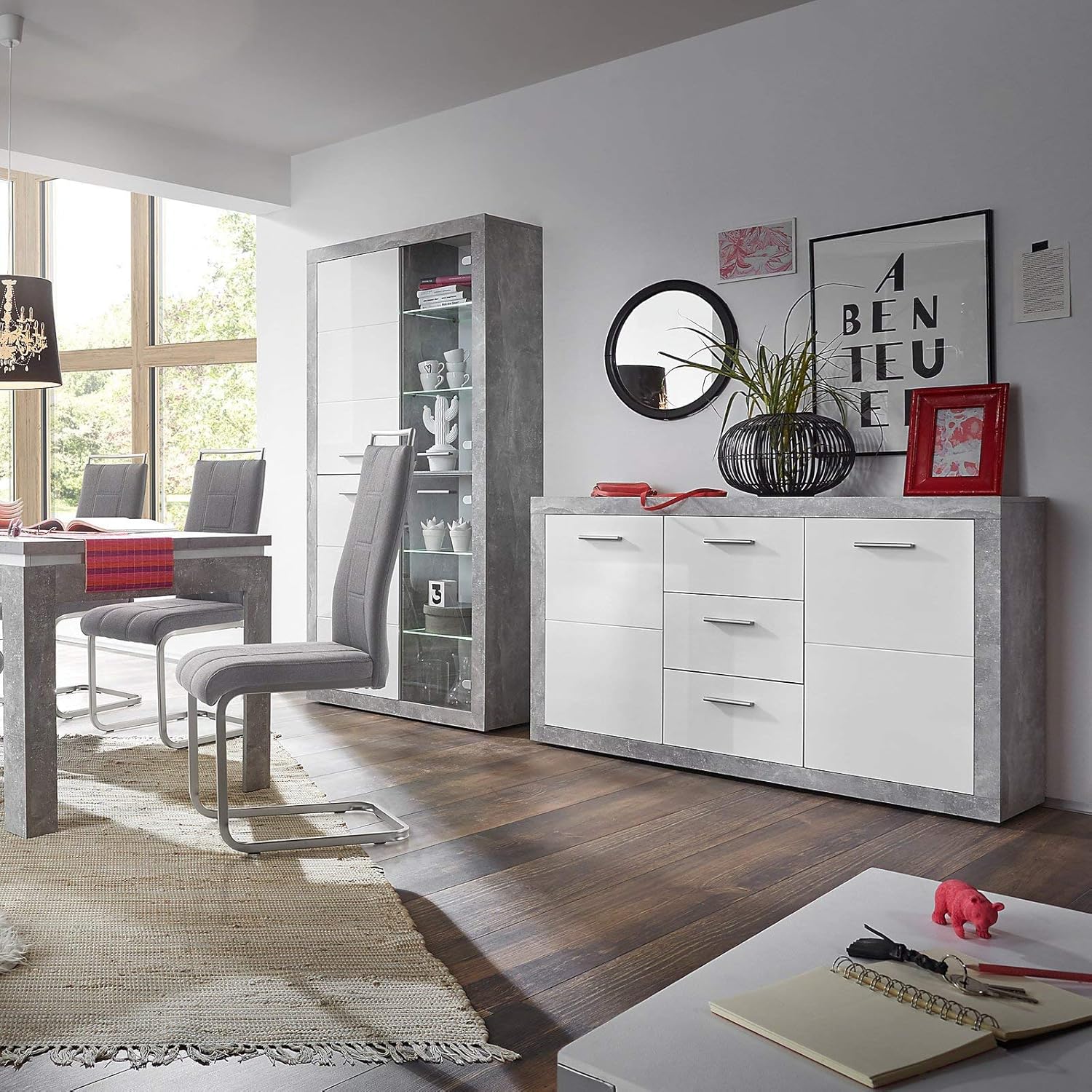 STONE Große Vitrine mit Betonoptik und hochglänzendem Weiß, moderne Vitrine mit LED-Beleuchtung und viel Stauraum, 92 x 194 x 37 cm (B x H x T)