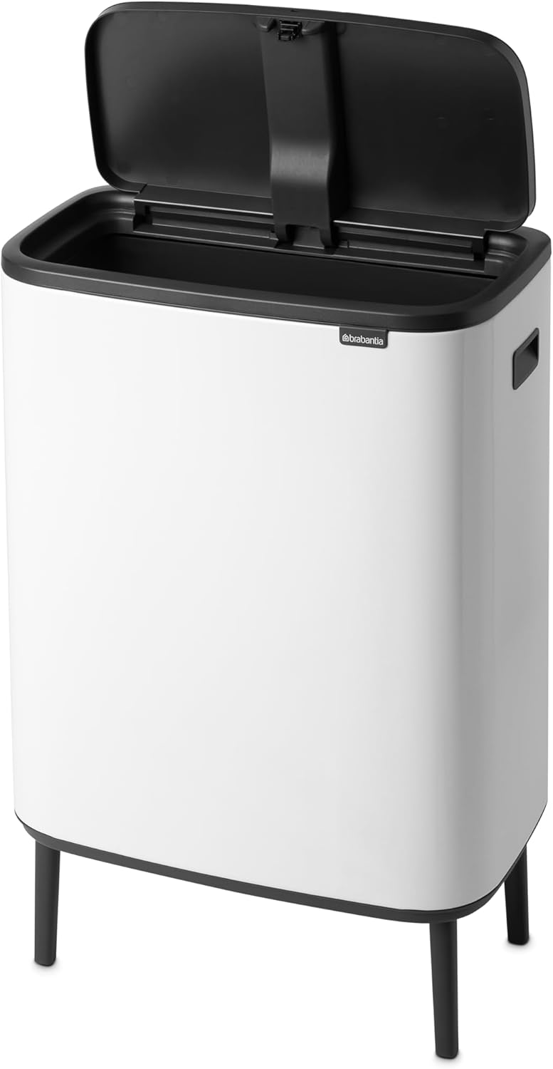Brabantia Bo Hi Touch Ein-Knopf-Öffnungsmechanismus, 2 x 30-Liter-Abfalleimer mit Füßen, weiß