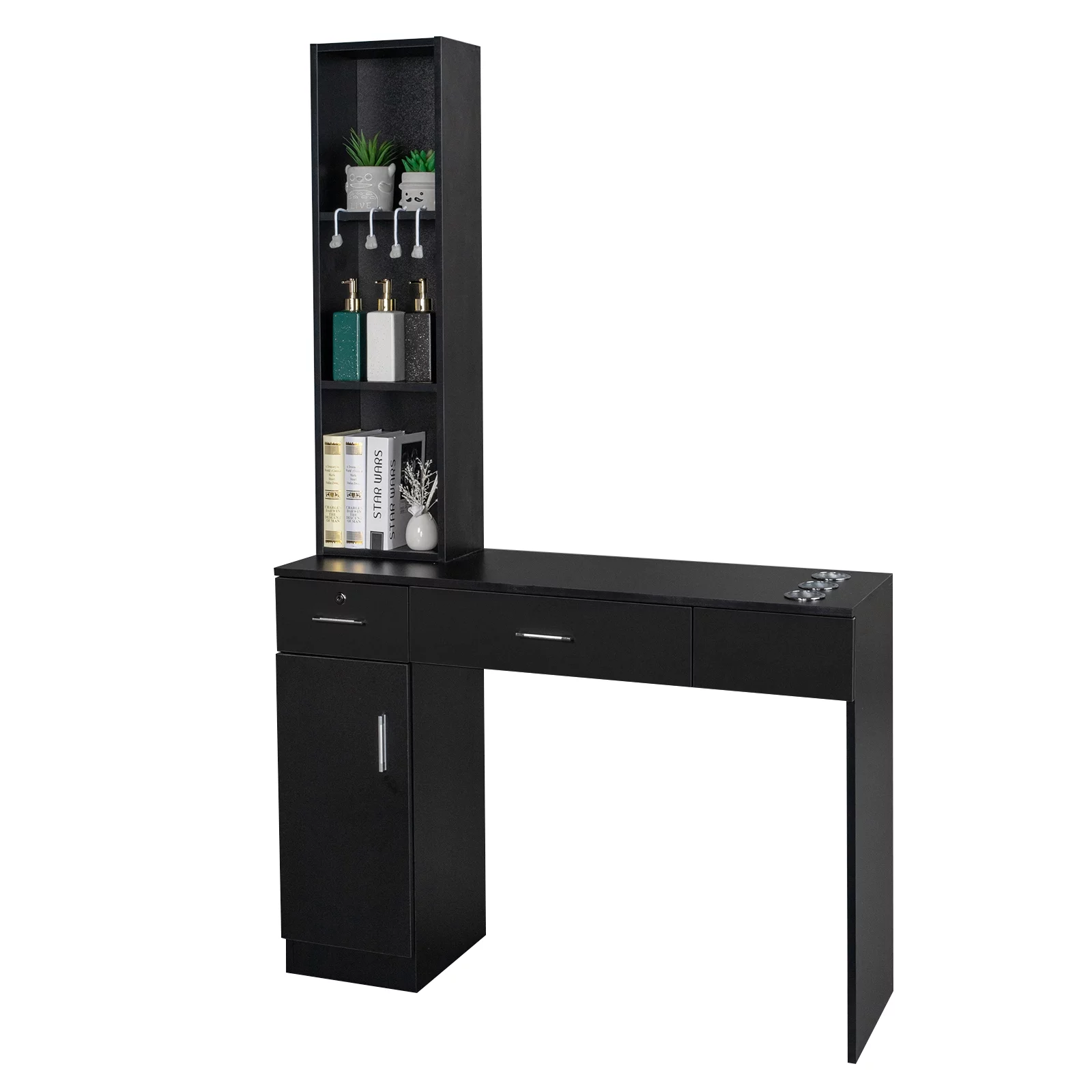 2025 OmySalon vægmonteret frisørstation til skønhedssaloner og spaer. Med 2 skuffer, 1 opbevaringsskab og 3 åbne hylder (sort)