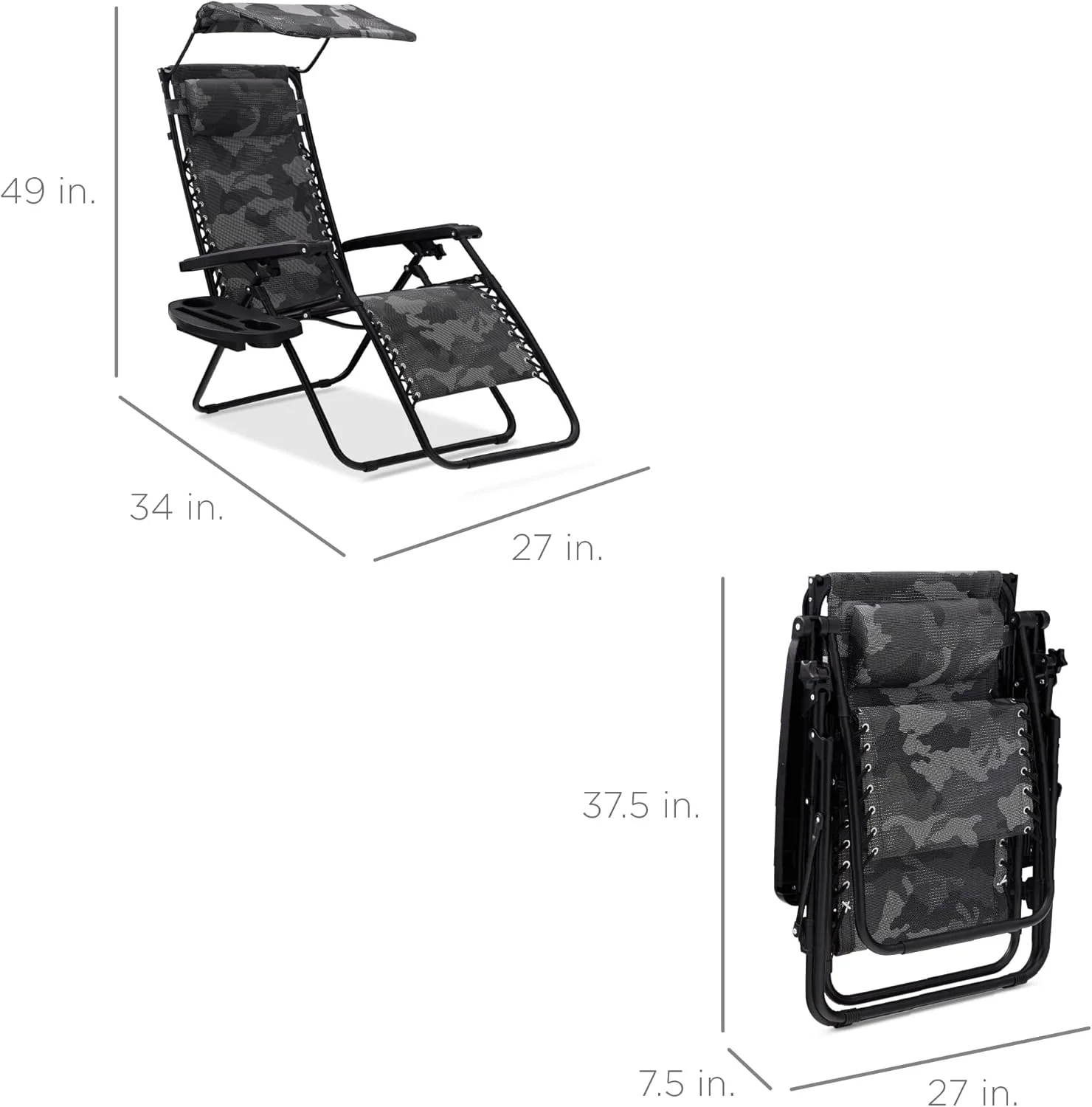 Bedste valg – Zero Gravity-lænestol til terrassen. Justerbar og foldbar udendørsstol med baldakin, nakkepude og sidebakke. Textilene – Påfugleblå