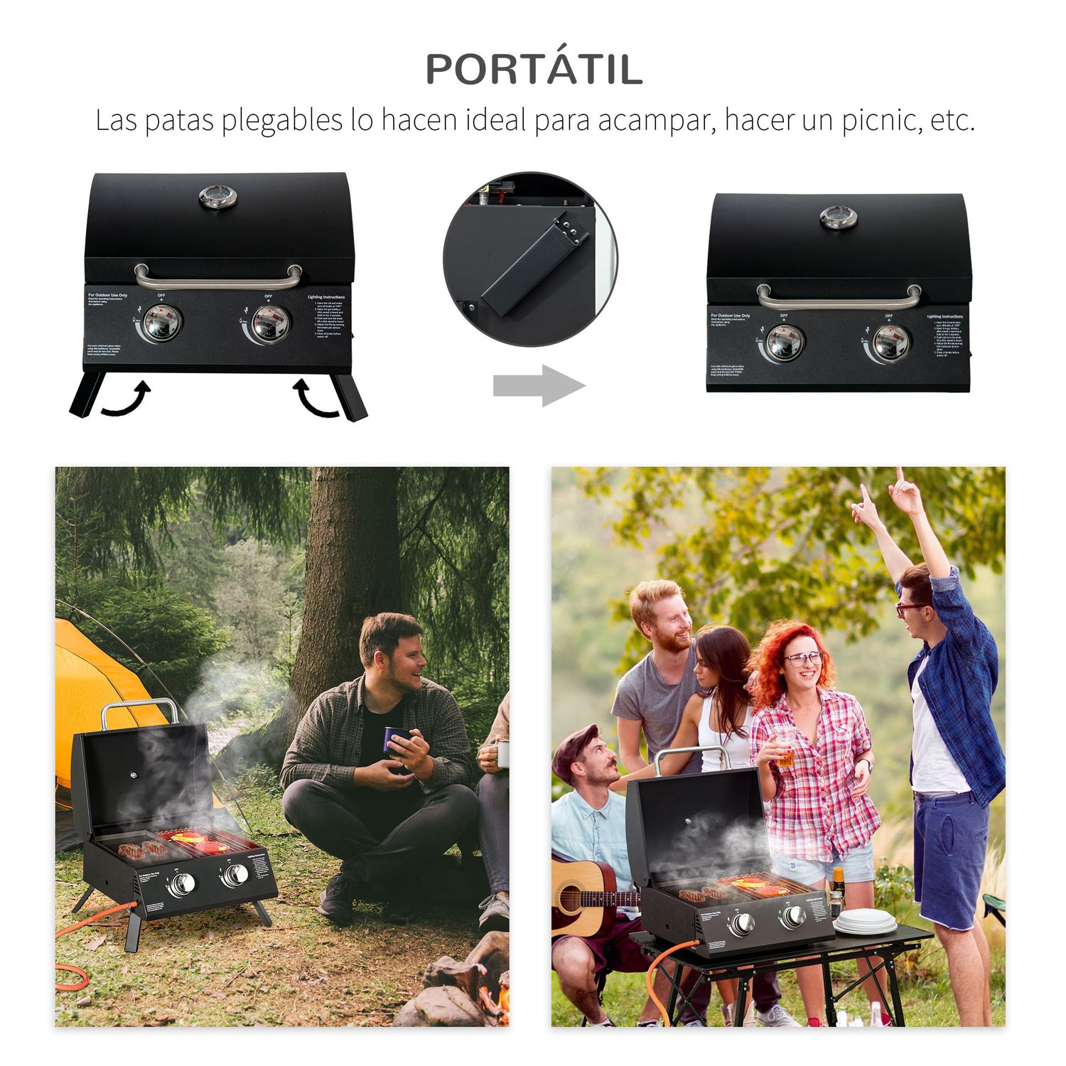 Gas-Tischgrill aus Kohlenstoffstahl, 55 x 46,5 x 41 cm – outsunny.black