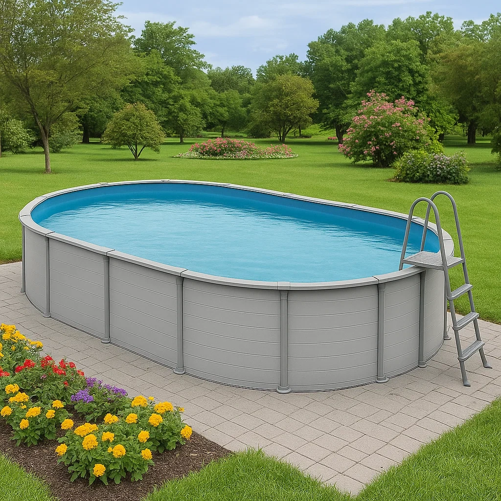 Piscine tubulaire ovale démontable 418 x 243 x 98 cm, structure en acier gris, référence KnStnBI133cz