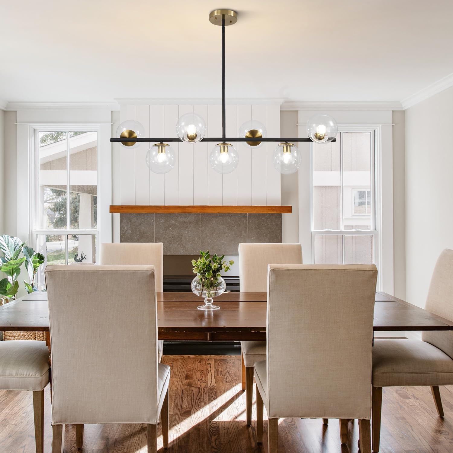 Moderne Esszimmerleuchte von KCO Lighting aus goldfarbenem Metall, Kücheninsel-Pendelleuchte aus weißem Glas, 7-flammig, E27, 80 cm höhenverstellbar