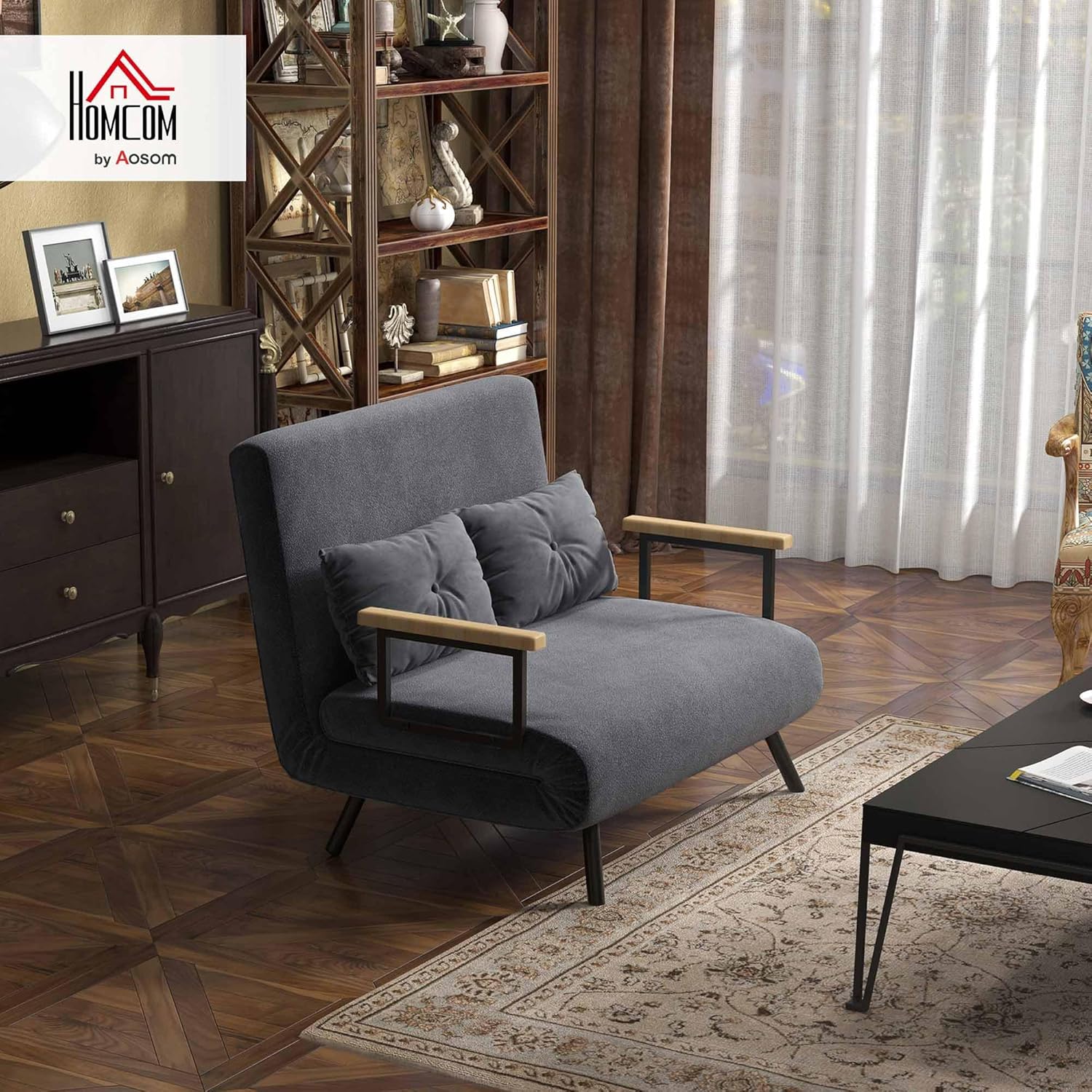 HOMCOM Schlafsofa, 2-Sitzer, Klappsofa, Samtbezug, 5-fach verstellbare Rückenlehne und gepolsterte Kissen, für Büro, Schlafzimmer, Wohnzimmer, 102 x 73 x 81 cm, Beige