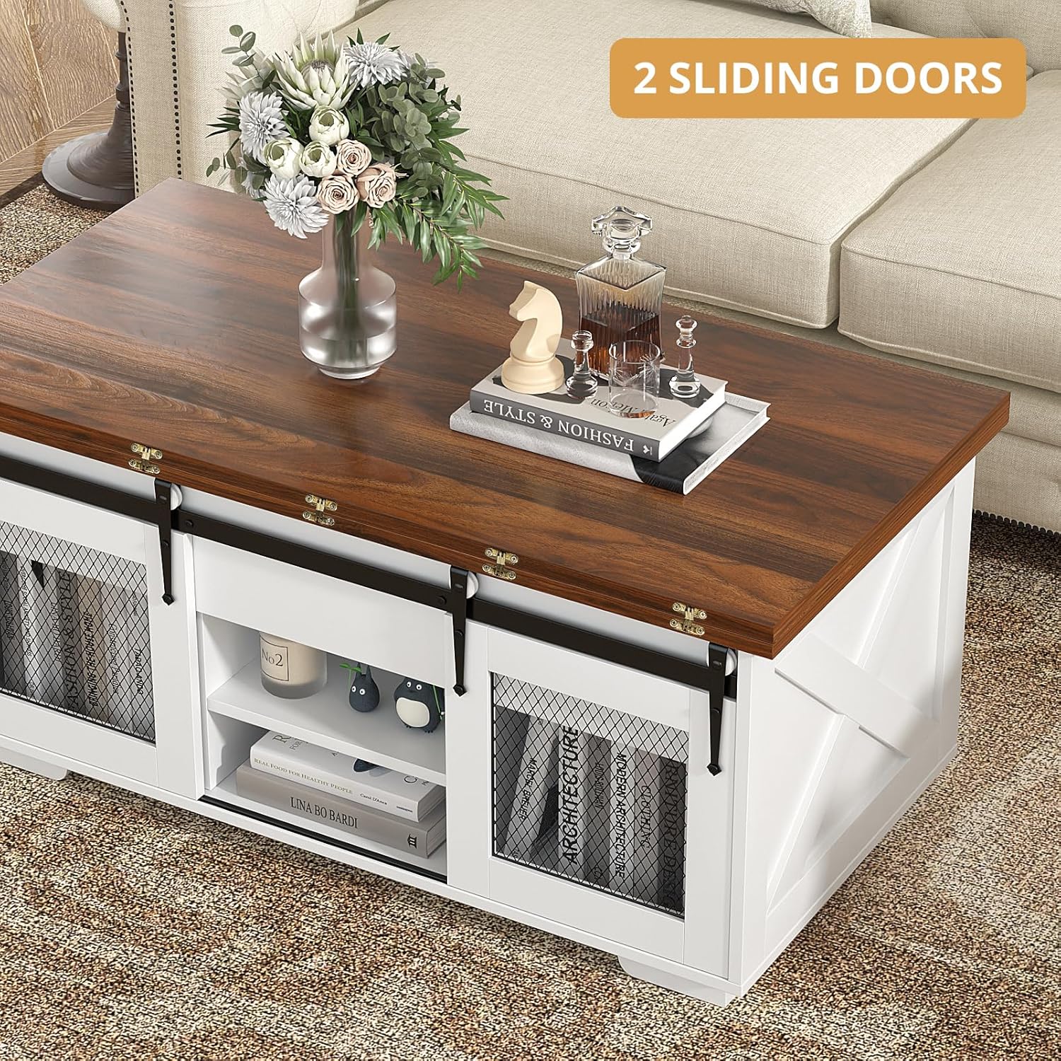 Table basse extensible VOWNER, plateau relevable, multifonctionnelle 3 en 1 avec rangement dissimulé - Salle à manger, convertible, style ferme, noyer