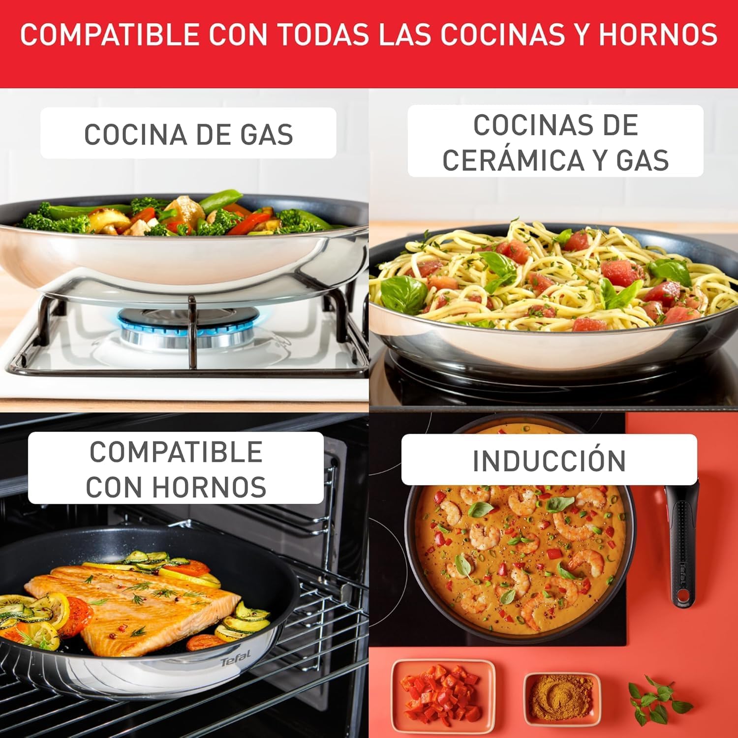 Tefal Ingenio Emotion Sæt med 3 stegepander 22/24/28 cm + 3 kasseroller 16/18/20 cm + gryderet 24 cm + wok 26 cm + 12 tilbehør | Induktionssikker, non-stick, tåler opvaskemaskine og ovn