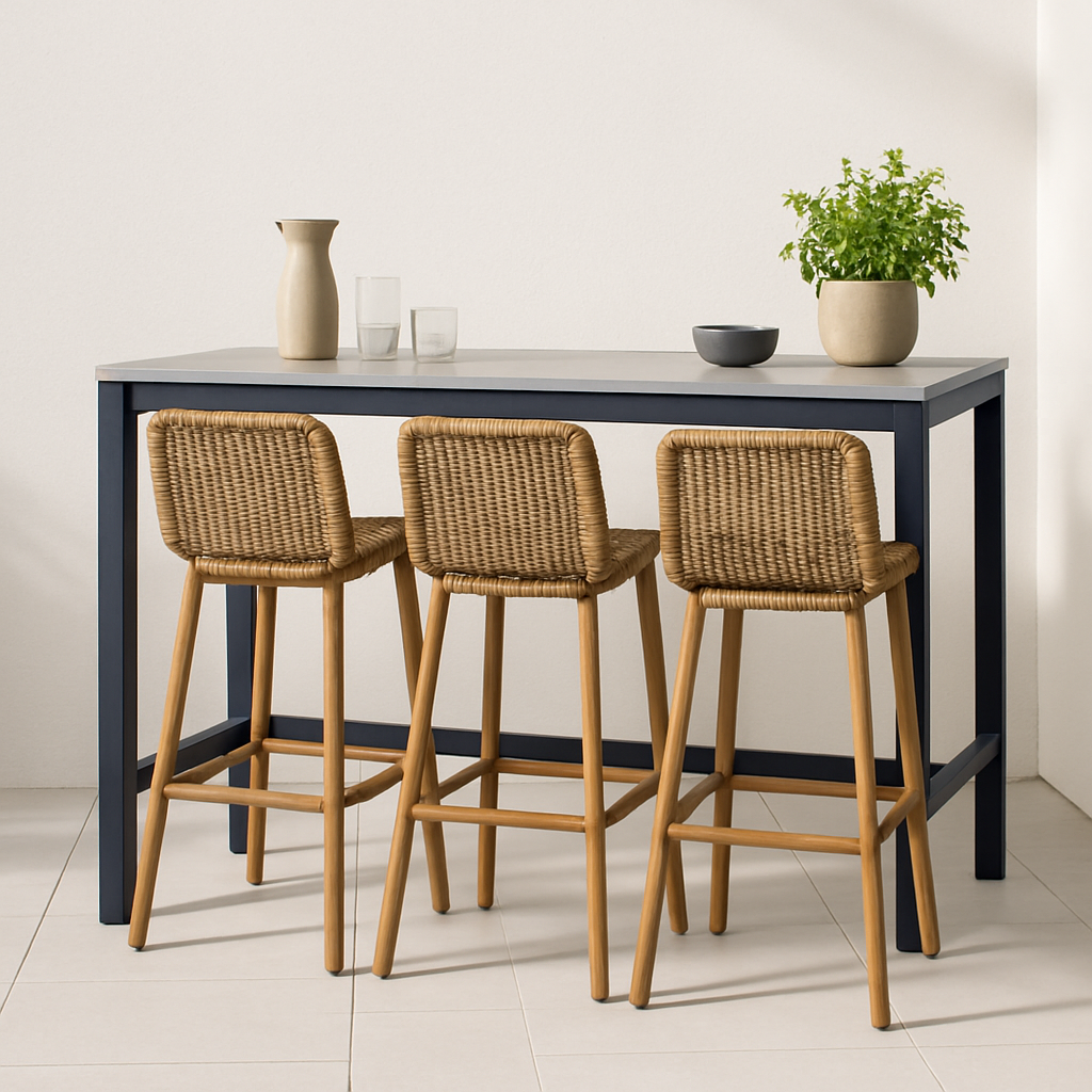 Table haute de bar de jardin avec tabourets, beige et noir, métal et rotin synthétique, extérieur, 150 × 70 × 105 cm