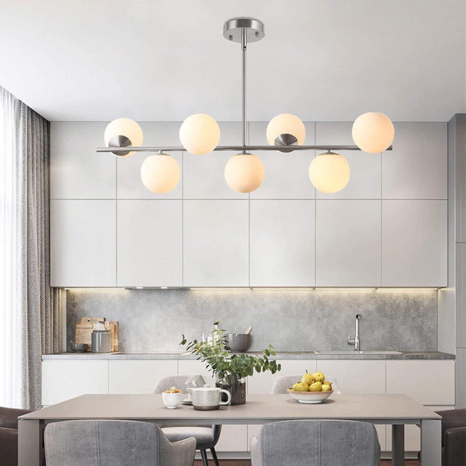 Moderne Esszimmerleuchte von KCO Lighting aus goldfarbenem Metall, Kücheninsel-Pendelleuchte aus weißem Glas, 7-flammig, E27, 80 cm höhenverstellbar