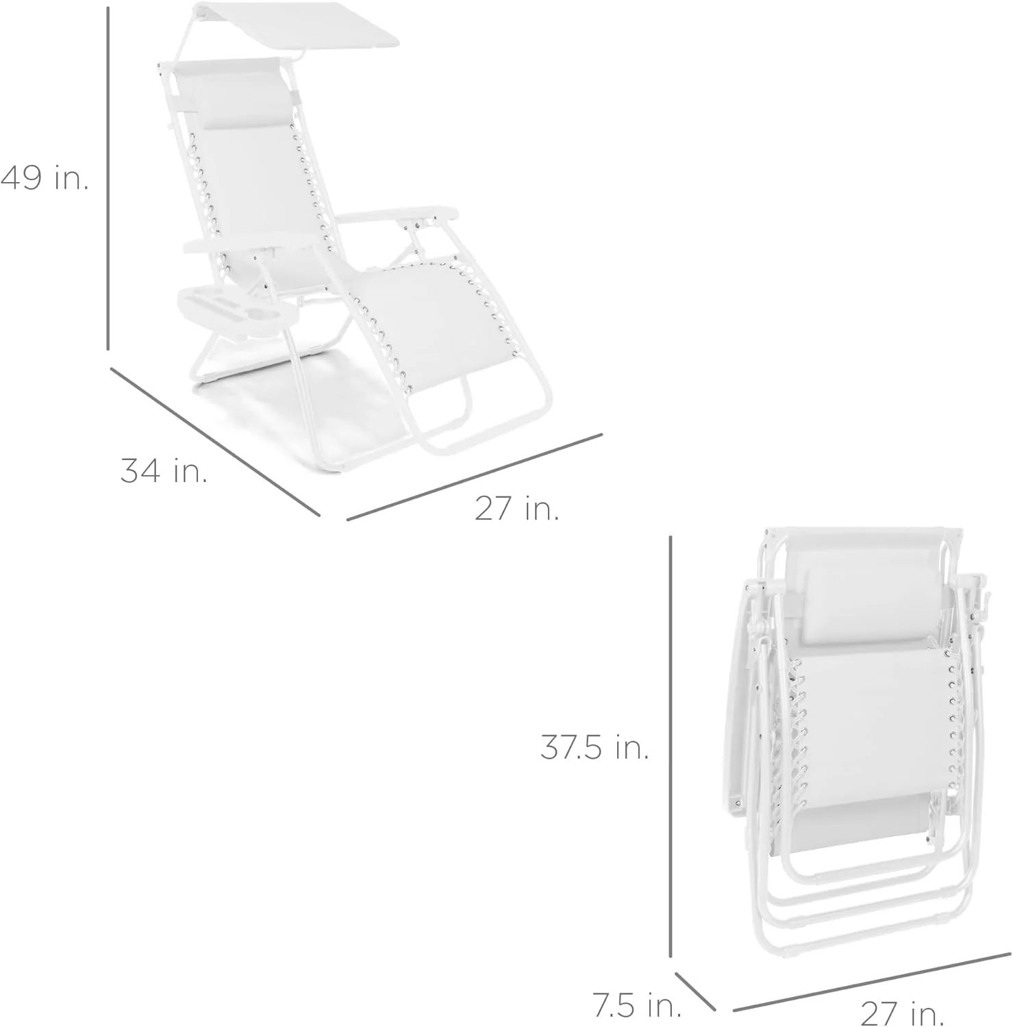 Bedste valg – Zero Gravity-lænestol til terrassen. Justerbar og foldbar udendørsstol med baldakin, nakkepude og sidebakke. Textilene – Påfugleblå