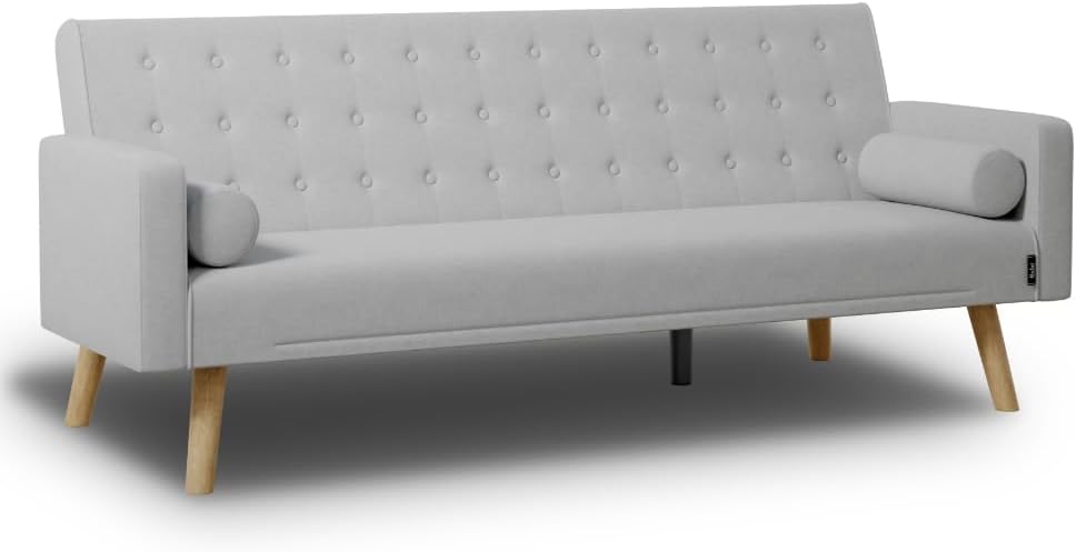 Nalui – 3-Sitzer-Schlafsofa, gepolstert, 203 x 82 x 78 cm, One Dots, mit 2 Kissen und Klick-Klack-Öffnungsmechanismus mit mehreren Liegepositionen. Chaiselongue-Schlafsofa mit Holzbeinen, umwandelbar in ein Doppelbett | Beige