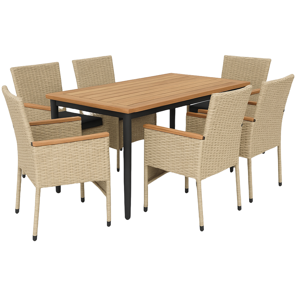 Ensemble de salle à manger beige 7 pièces en polyéthylène et acier pour usage extérieur au jardin