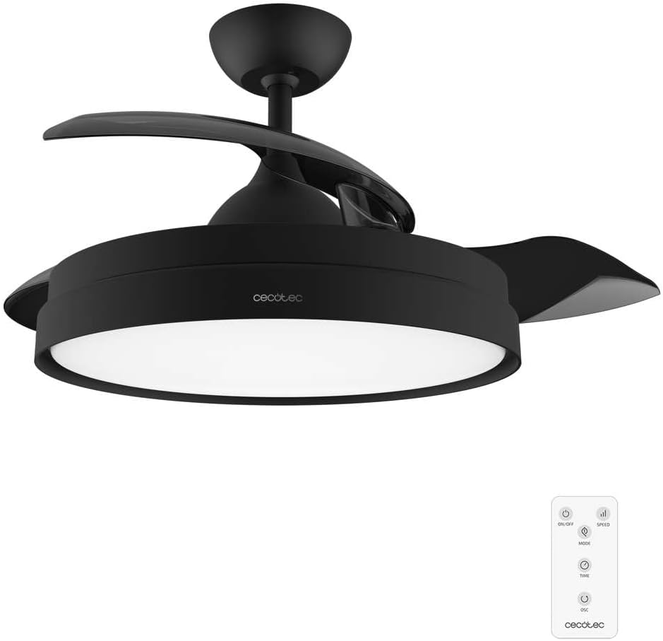 Ventilateur de plafond Cecotec à pales rétractables et lampe invisible EnergySilence Aero 4280 en acier, 40 W, diamètre 42 pouces (106 cm), minuterie, 3 tons lumineux, fonction été-hiver