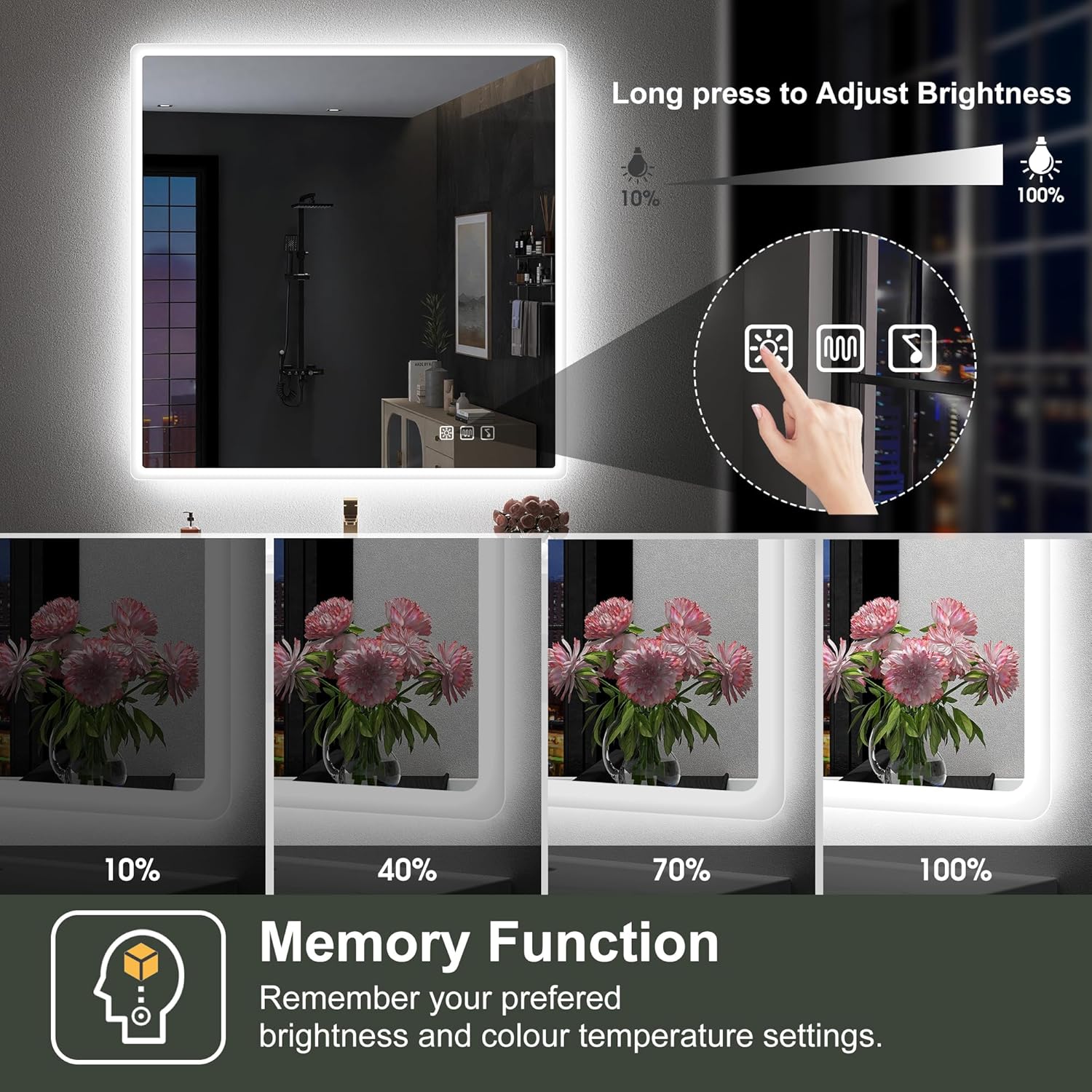 S'bagno badeværelsesspejl med lys 1200x700mm, IP44 - badeværelsesspejl med LED og Bluetooth, antidugfunktion / 3 lysfarver (3000K, 4000K, 6500K) / Dæmpbar / Memory, lodrette eller vandrette badeværelsesspejle med LED