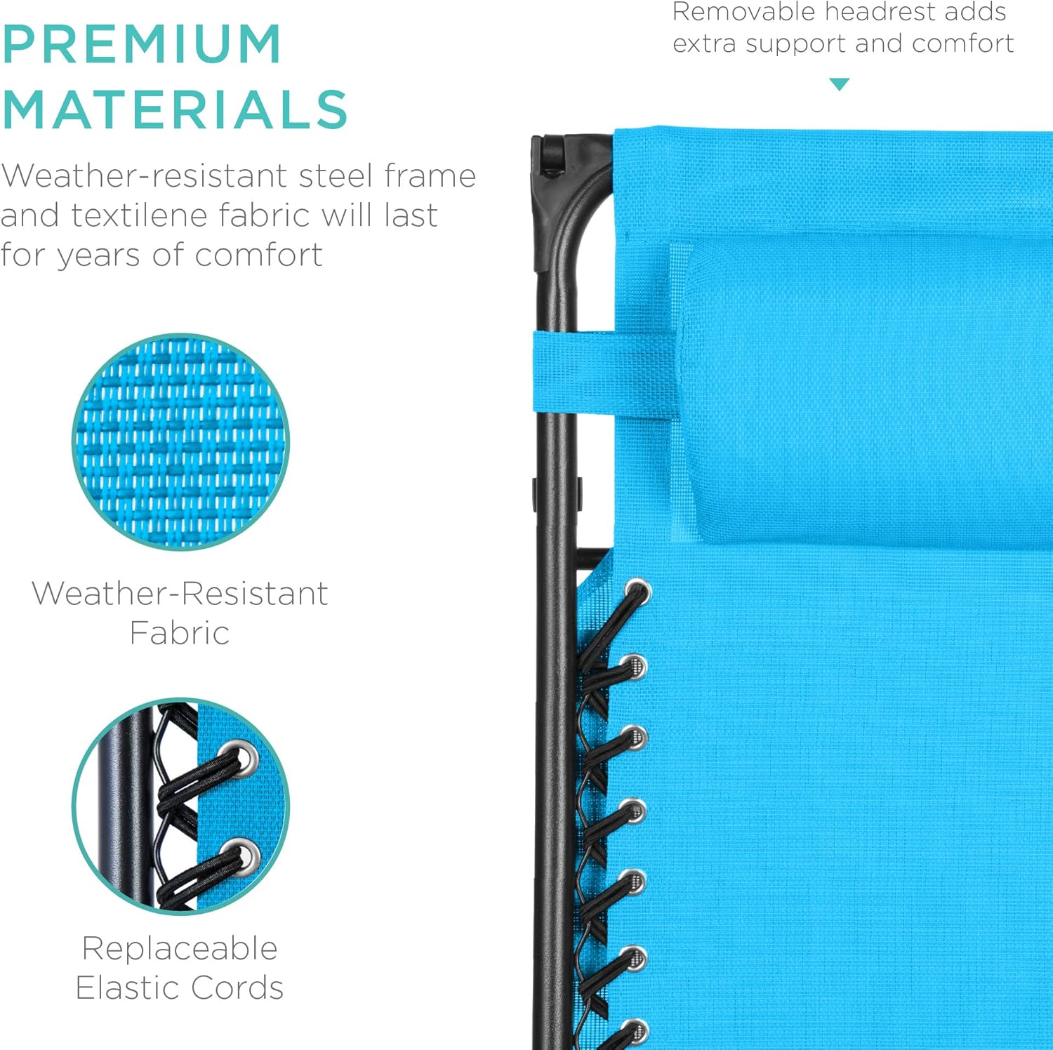 Bedste valg – Zero Gravity-lænestol til terrassen. Justerbar og foldbar udendørsstol med baldakin, nakkepude og sidebakke. Textilene – Påfugleblå