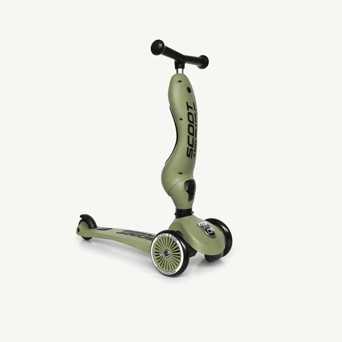 2025 Scoot and Ride 2-i-1 Pedalfri Cykel og Scooter – Highwaykick 1 – Oliven