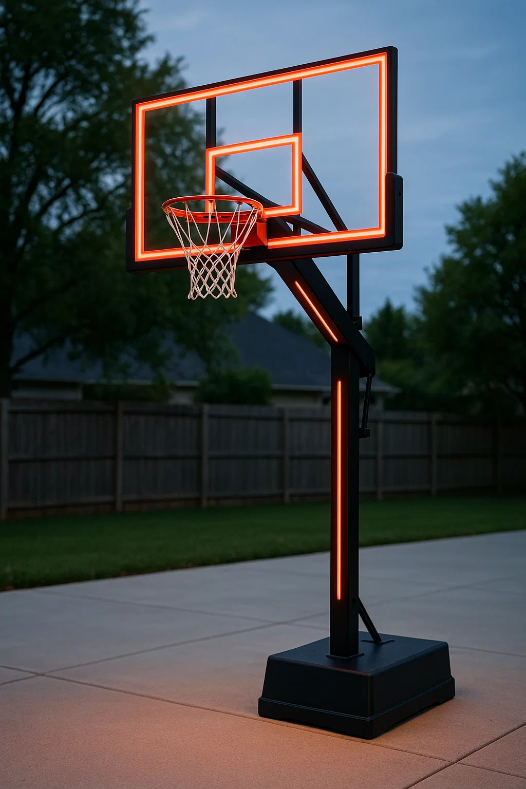 Panier de basket professionnel avec éclairage LED, en plastique noir et métal, pour usage extérieur, dimensions approximatives : 112 x 80 x 320 cm.