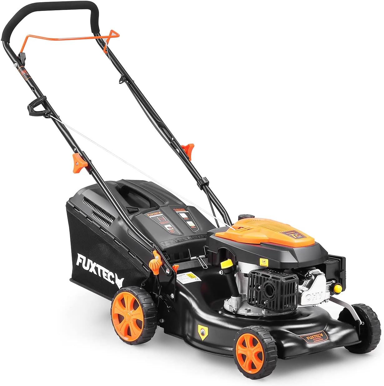 Tondeuse à gazon à essence FUXTEC FX-RM4646ECO, largeur de coupe de 46 cm, puissant moteur à essence de 146 cm³, nettoyage facile, 3 en 1, 2,6 kW, bac de ramassage mulching de 50 l.