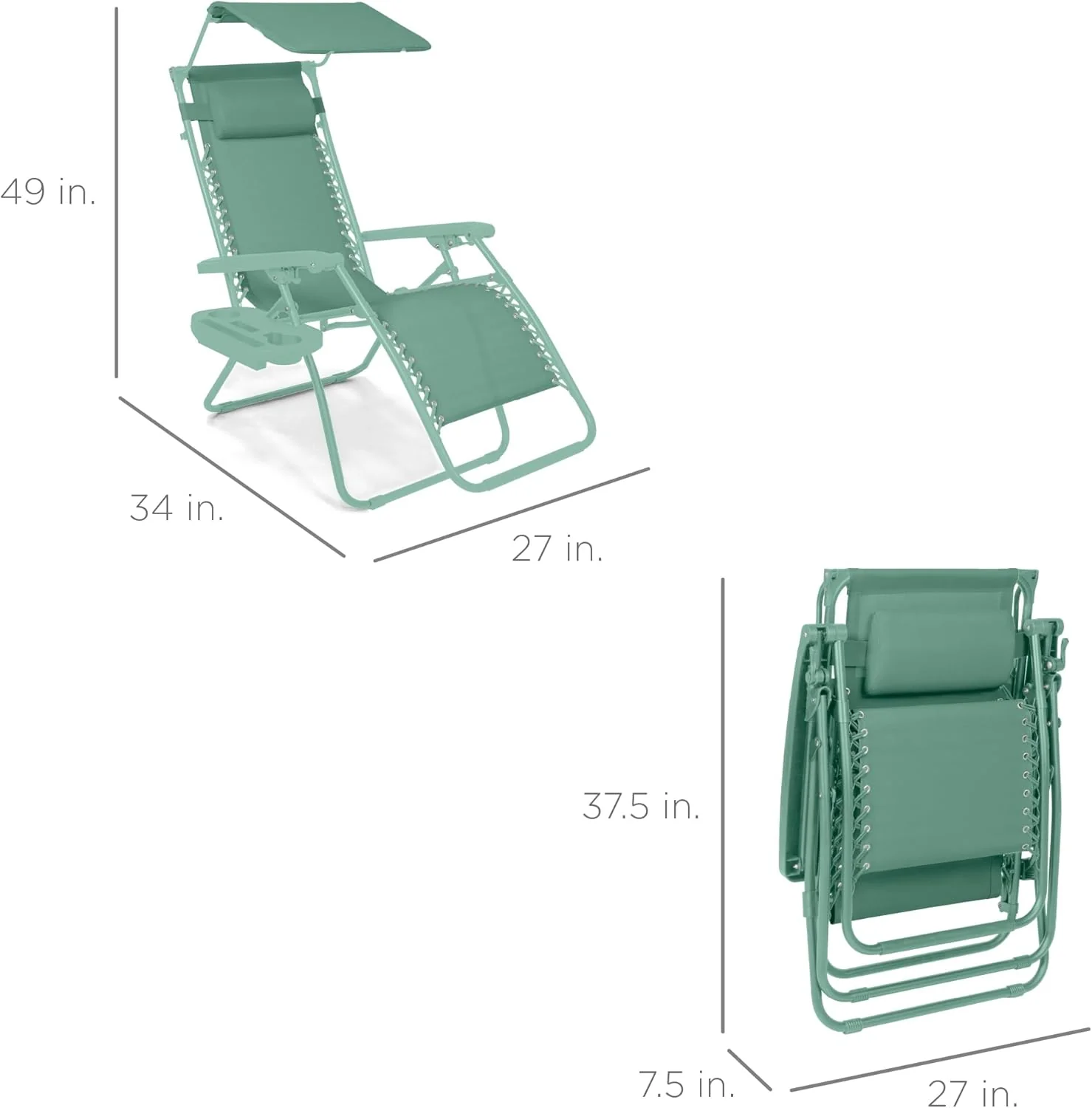 Bedste valg – Zero Gravity-lænestol til terrassen. Justerbar og foldbar udendørsstol med baldakin, nakkepude og sidebakke. Textilene – Påfugleblå