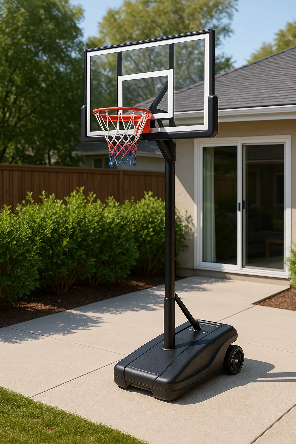 Panier de basket-ball avec base mobile en acier noir et polyéthylène pour usage extérieur 110 x 70 x 305 cm SRzpajRN98Nj