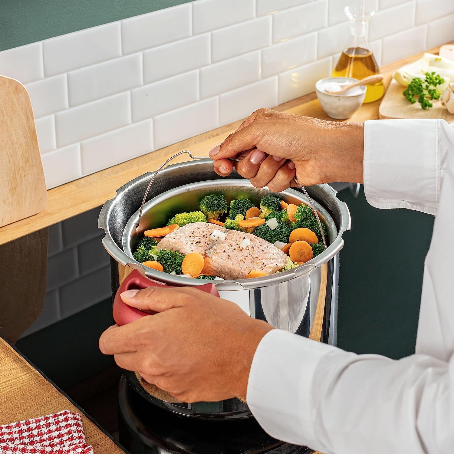 Tefal P47051 Clipso Minut Duo Aluminium-Schnellkochtopf mit 5 Sicherheitssystemen und einfacher Einhandbedienung, Grau/Rot, 5 l