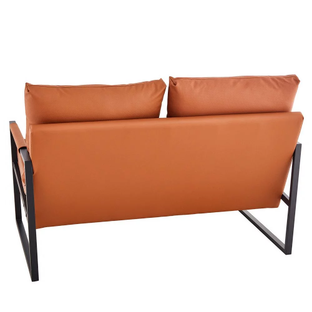 Modernes 2-Sitzer-Sofa mit 2 Kissen – PU-Leder, hochdichter Schaumstoff, schwarz lackiertes Metallgestell, braune Farbe