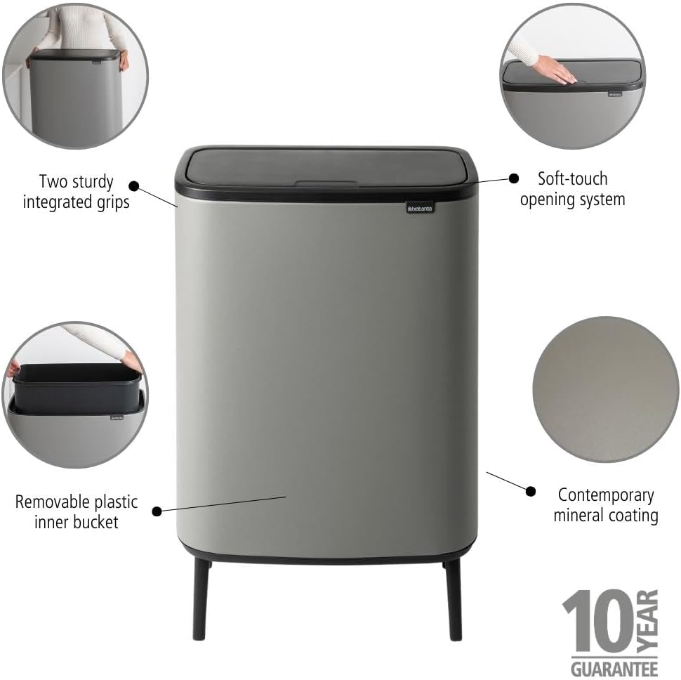 Brabantia Bo Hi Touch Ein-Knopf-Öffnungsmechanismus, 2 x 30-Liter-Abfalleimer mit Füßen, weiß