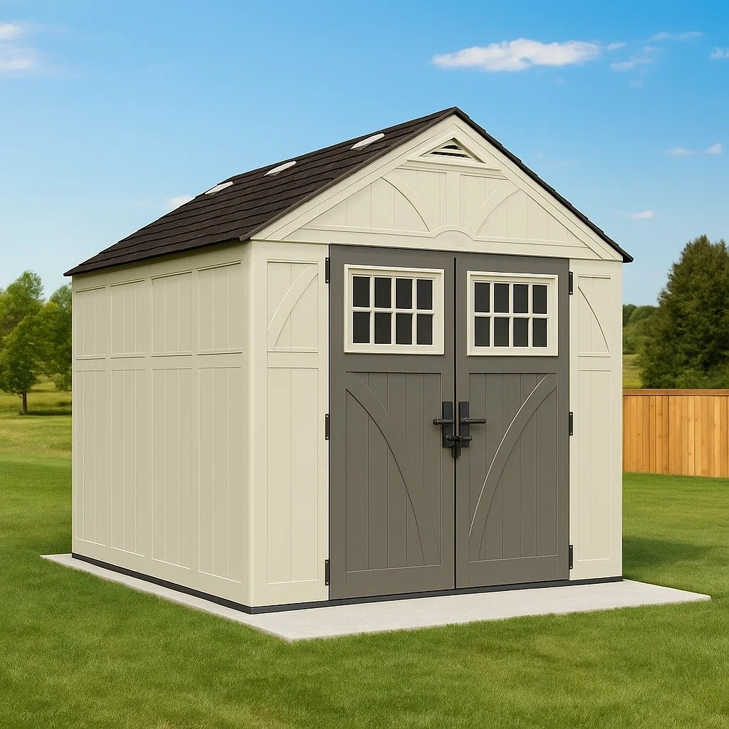 Abri de jardin beige avec plancher et fenêtres, en résine, pour l