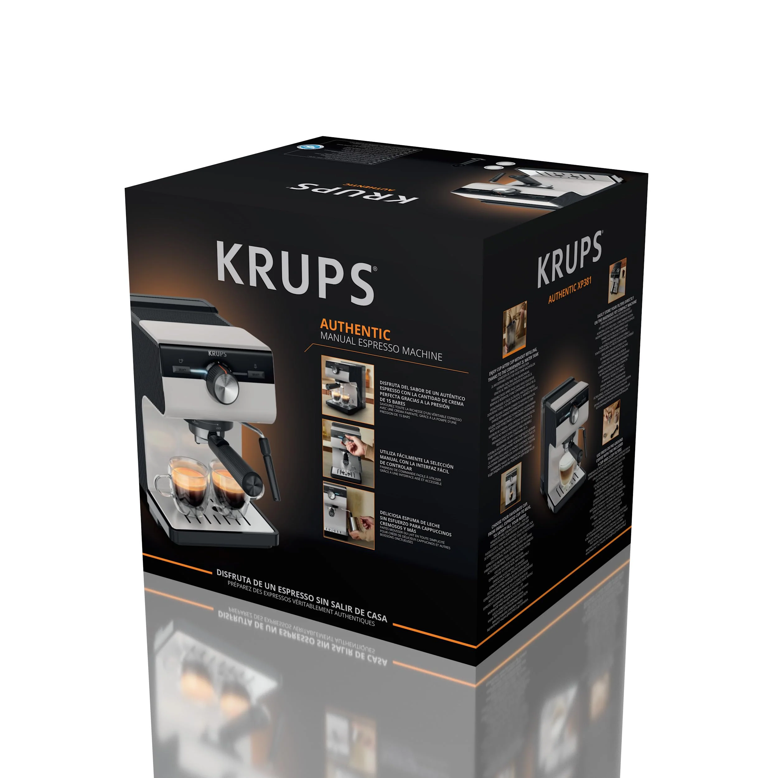 Machine à expresso Krups Virtuoso Essential - 15 bars. Acier inoxydable noir. Design compact et élégant. Arrêt automatique. Expresso et cappuccino. Thermobloc. Buse vapeur. Doseur inclus. XP4418