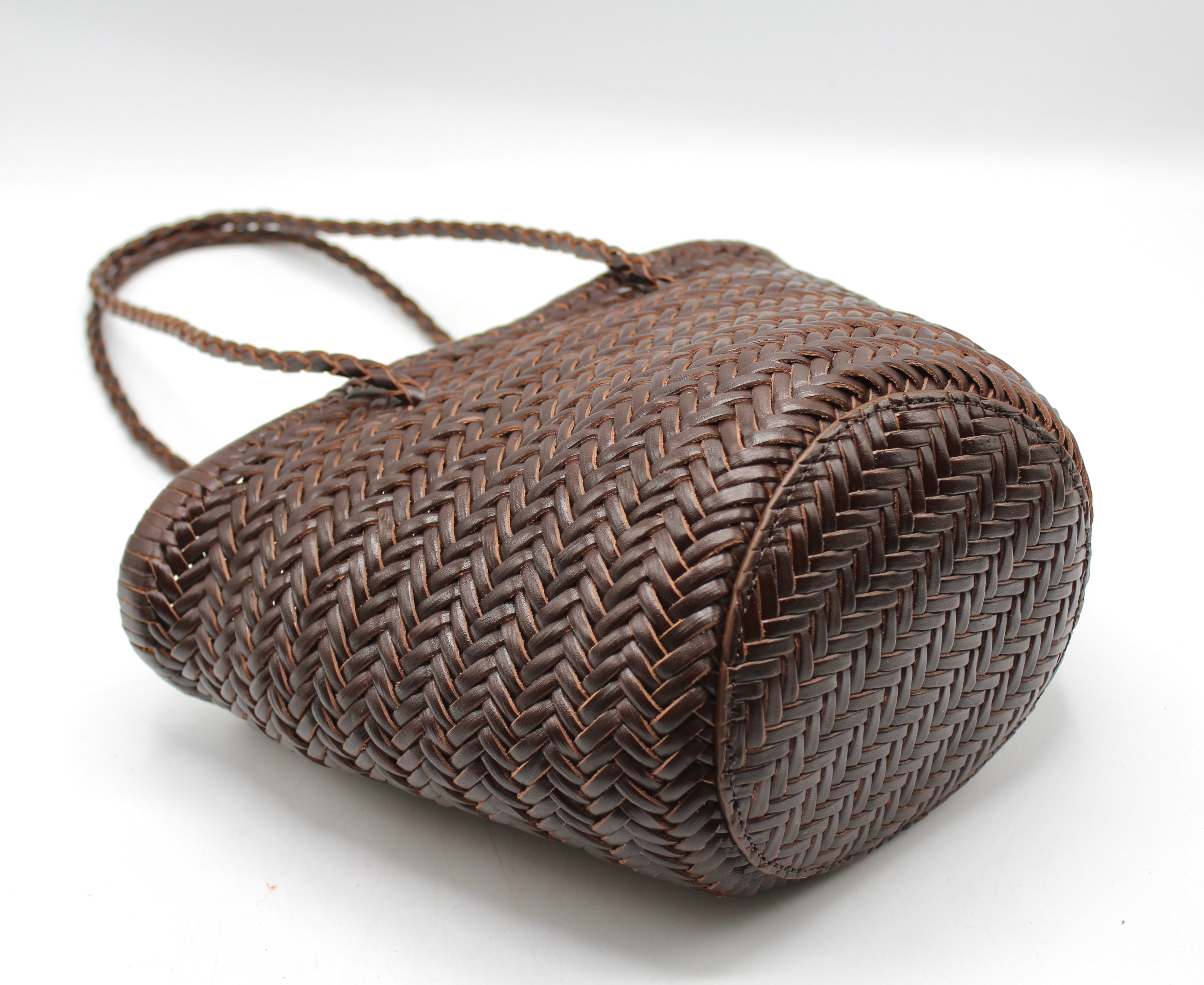 Carmel- Hand Woven Leather Shoulder Bucket Bag Chocolate