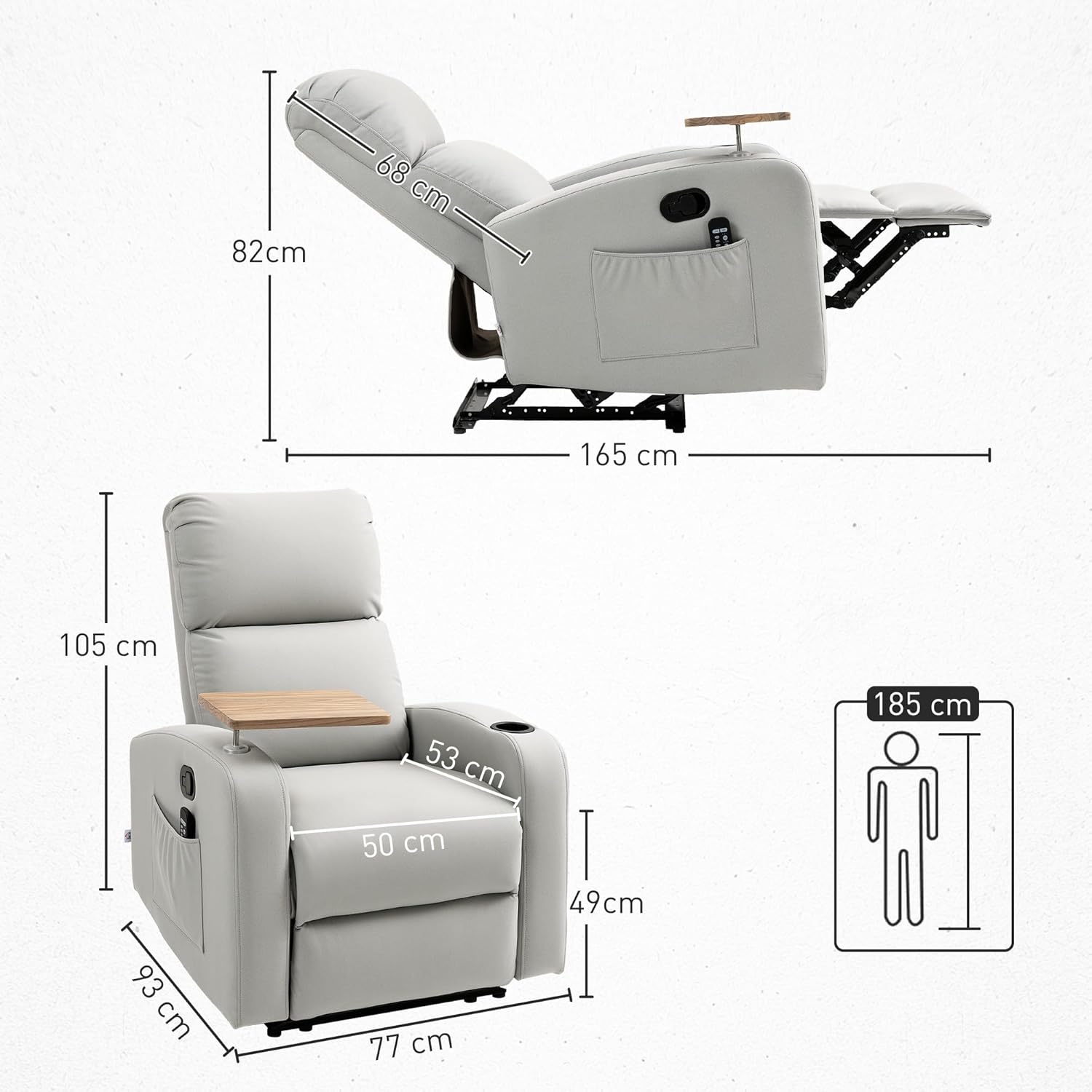 HOMCOM Massagesessel mit 8 Massagepunkten, elektrischer Verstellfunktion, Sofa mit 4 Liegepositionen (145°), Fernbedienung, Beistelltisch, 2 Seitentaschen und Getränkehalter, 77 x 93 x 105 cm, Beige