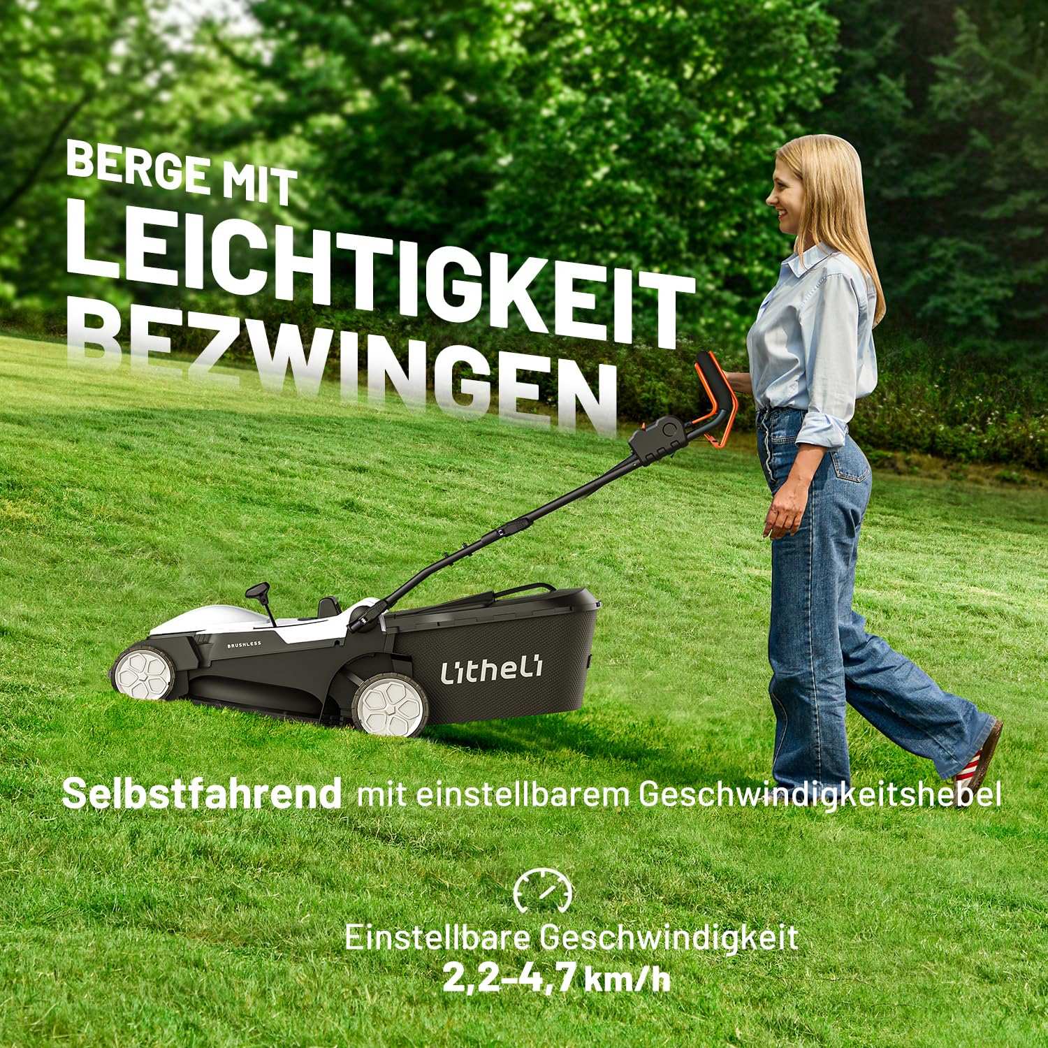 2025 U20 43 cm Akku-Rasenmäher mit Radantrieb und bürstenlosem Motor | Inklusive 2 x 4,0 Ah Akkus | Mäht mühelos bis zu 500 m²