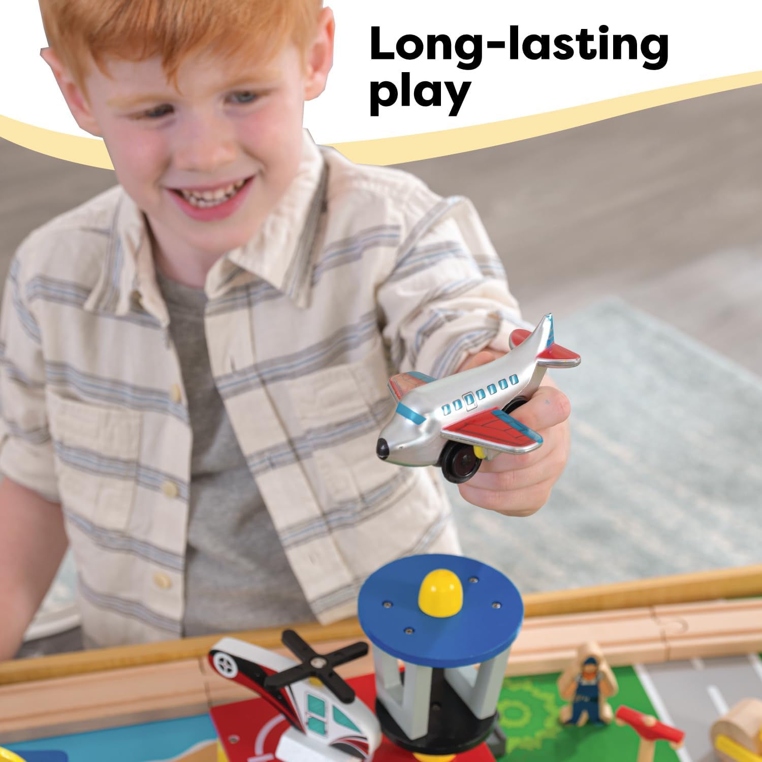 KidKraft Wasserfall-Berg-Holzeisenbahn- und Tischset mit Aufbewahrungsboxen, Eisenbahnstrecke mit Waggons, Hubschrauber und Flugzeugspielzeug für Kinder ab 3 Jahren (17850)