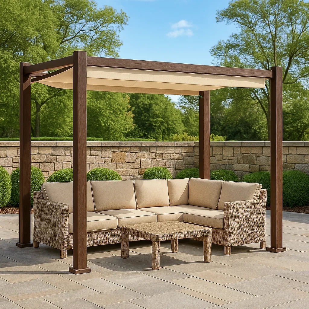 Pergola rectangulaire en bois et tissu marron, toit plat, autoportante, dimensions 300 x 200 x 250 cm, idéale pour jardin ou terrasse - WnjOx8RCdyY7