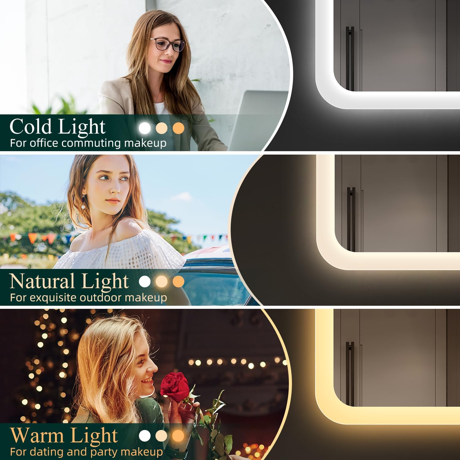 S'bagno badeværelsesspejl med lys 1200x700mm, IP44 - badeværelsesspejl med LED og Bluetooth, antidugfunktion / 3 lysfarver (3000K, 4000K, 6500K) / Dæmpbar / Memory, lodrette eller vandrette badeværelsesspejle med LED