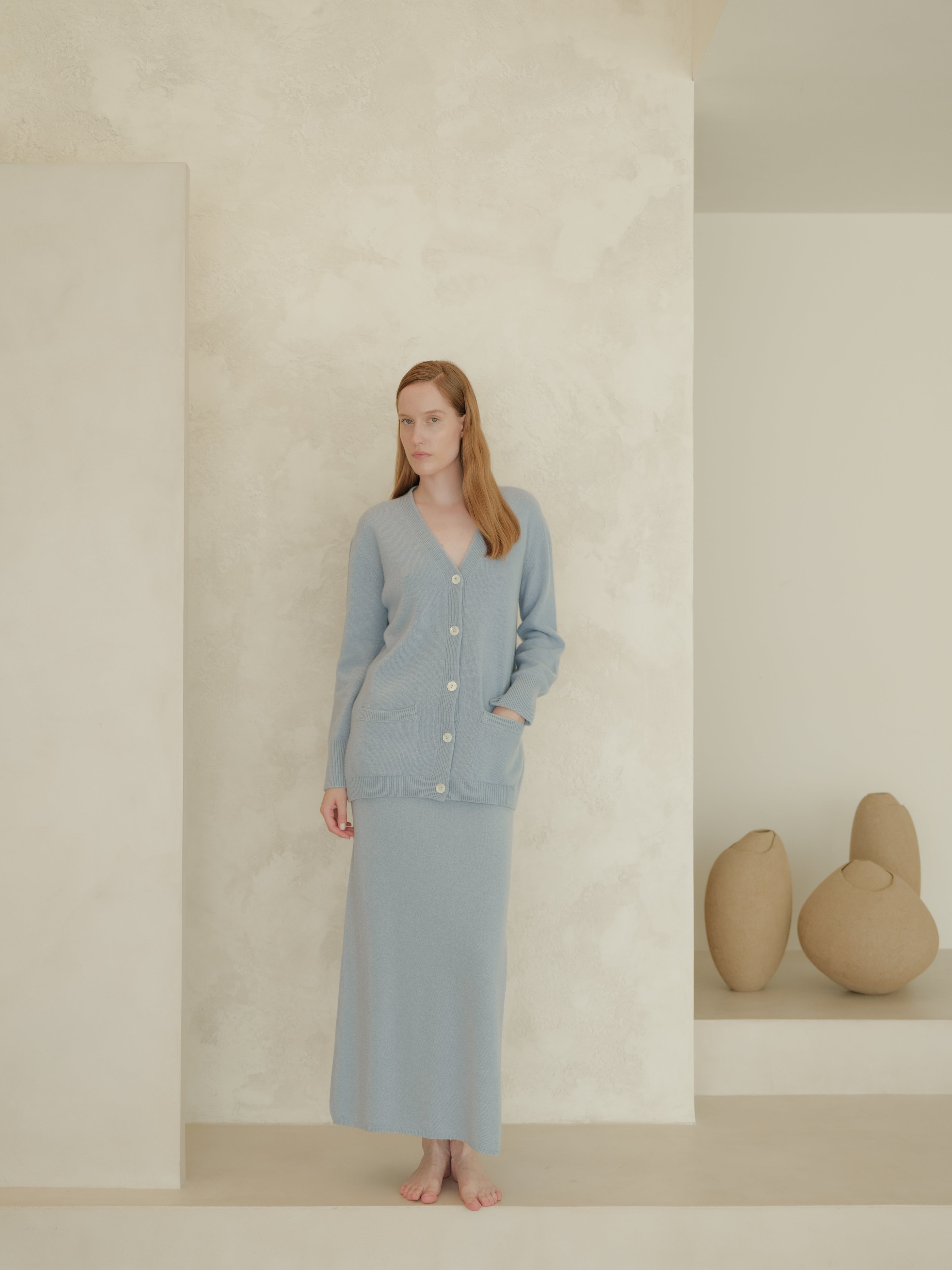 Cashmere Blend High-Waist Long Skirt With Side Slit (3D-Knit)